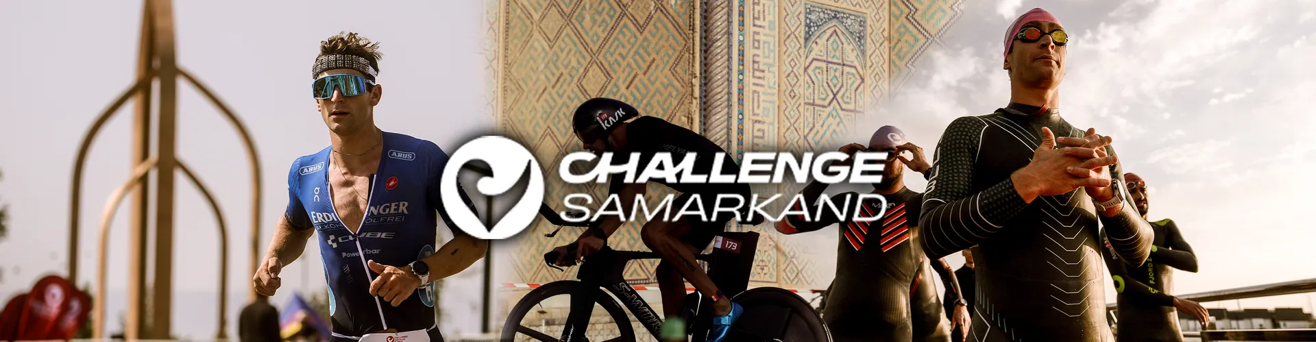The image features athletes participating in a triathlon event. The text "Challenge Samarkand" is displayed prominently. It shows a runner, a cyclist, and a swimmer, with a backdrop that includes architectural elements.