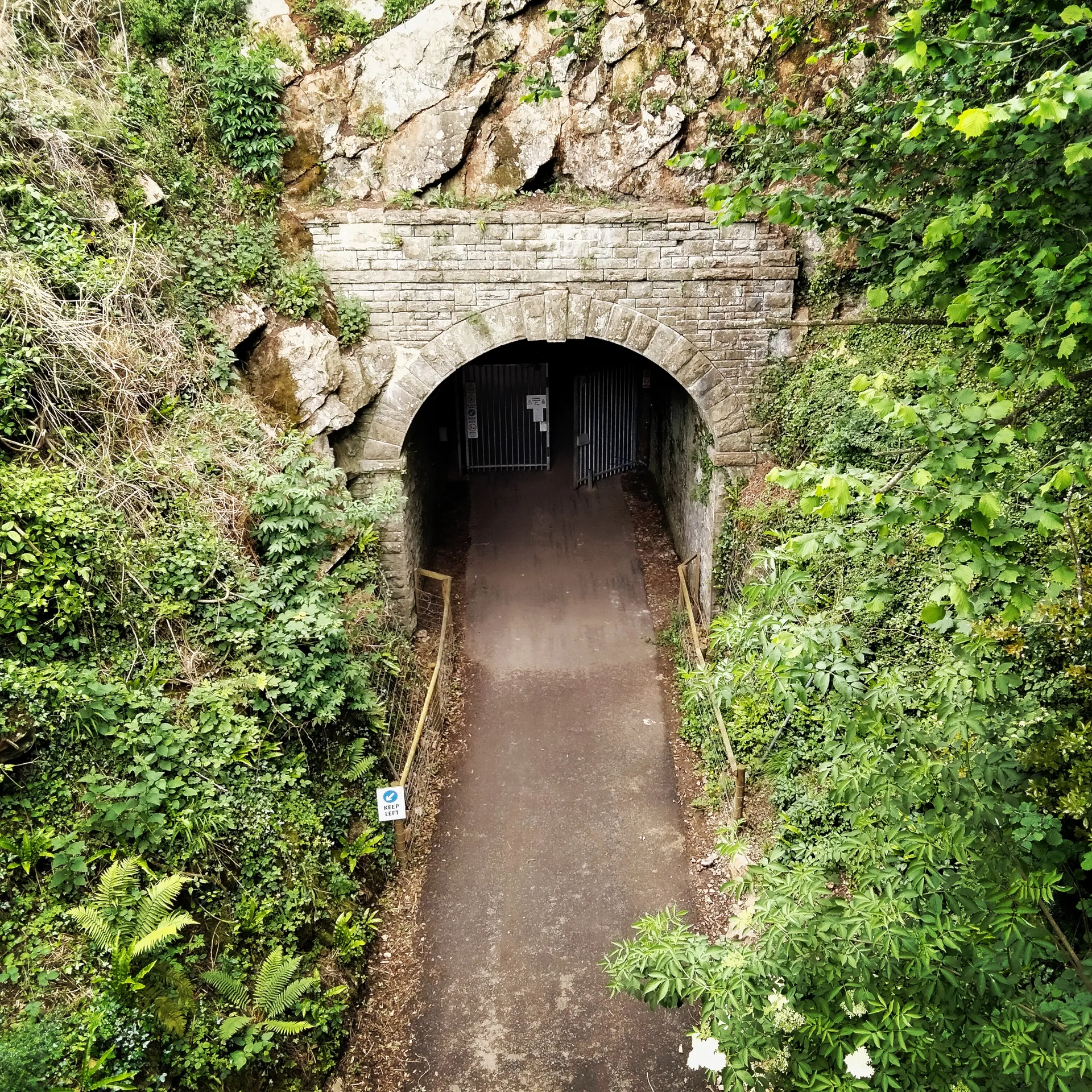 The image shows a tunnel entrance set within a rugged, natural environment. The tunnel