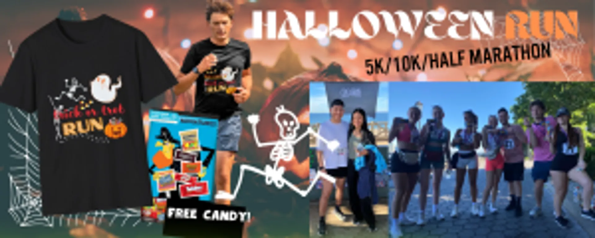 The image is an advertisement or a collage promoting a Halloween-themed running event, likely a 5K, 10K, and half marathon given the distances mentioned. On the left, there is a black T-shirt featuring a graphic with the phrase "Run Love" and an image of a shoe with wings, implying a love for running. Next to the T-shirt, there is a person running while wearing a black top and holding what seems to be a cup. The person is smiling, suggesting they're enjoying the run.

In the center, there is a graphic of a Halloween-themed medal with the text "Free Candy," hinting at an incentive or reward for participants. To the right, there is a group of people posing for a picture,