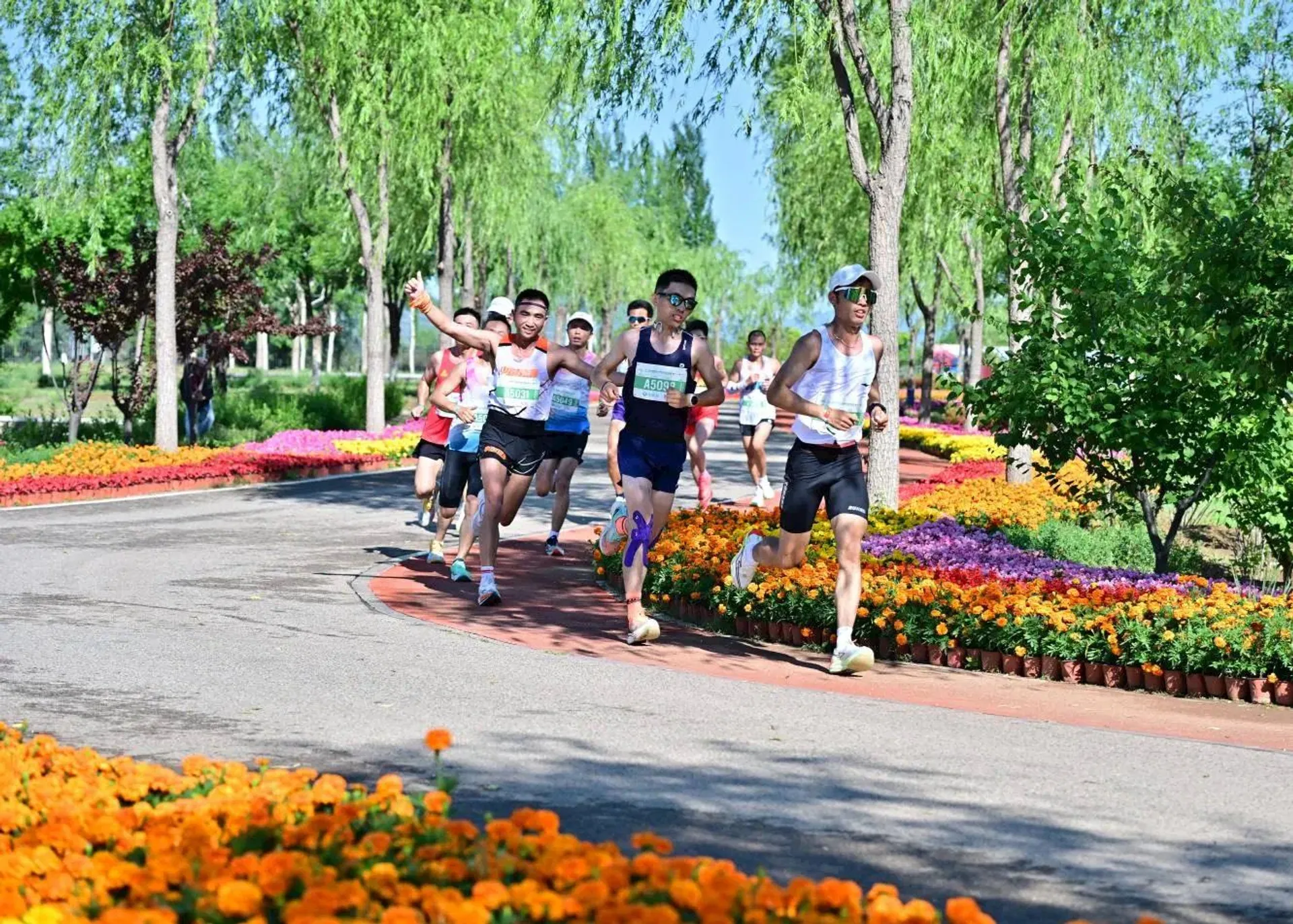 The image shows a group of people running along a path in a park. They are surrounded by colorful flowers and green trees. The runners appear to be participating in an outdoor event or race on a sunny day.