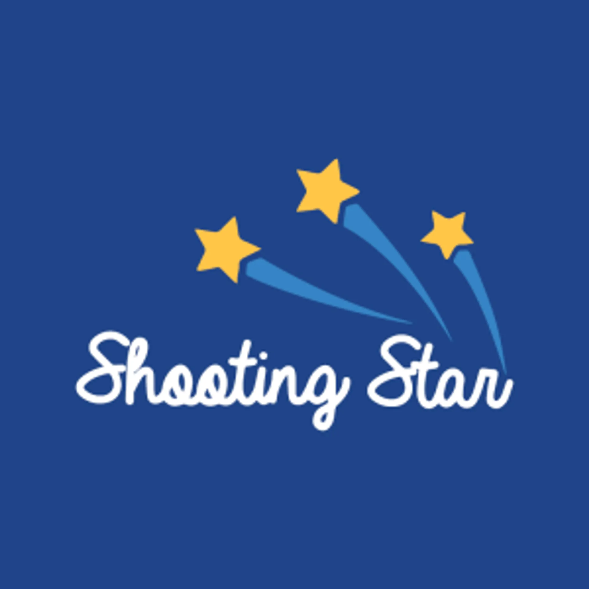 The image displays a graphic design featuring three yellow stars with trails that give the impression of movement, indicating that they are shooting stars. There is text below the stars that reads "Shooting Star" in a white font, set against a solid blue background. The overall design is a stylized representation of shooting stars typically used for decorative purposes or to symbolize hope, achievement, or a quick rise to success.