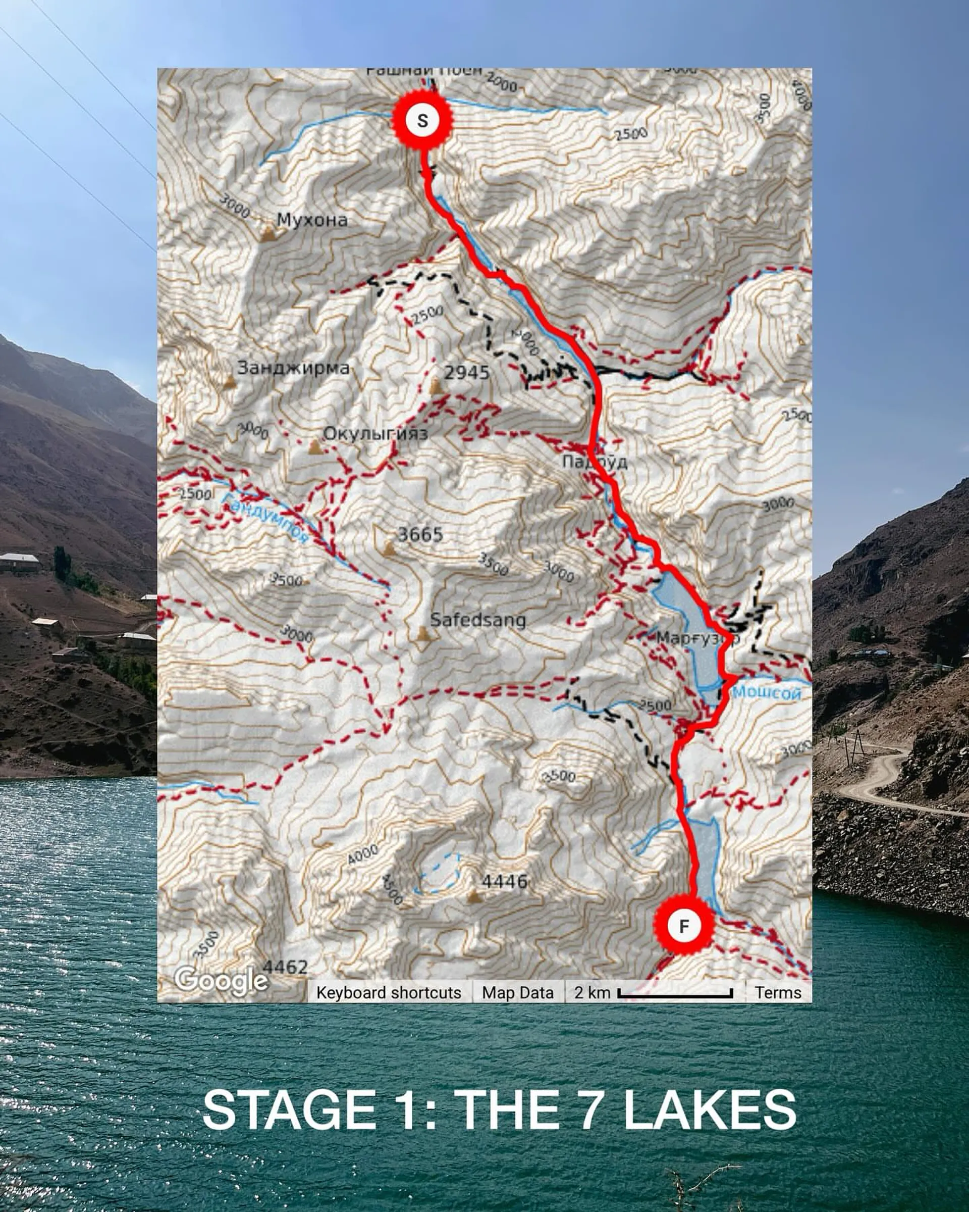 The image shows a map overlaying a photograph of a lake. The map is likely a topographic map detailing a hiking route labeled as "Stage 1: The 7 Lakes." The map includes contour lines, elevation markers, and a trail marked in red. The lake in the background is surrounded by mountainous terrain.