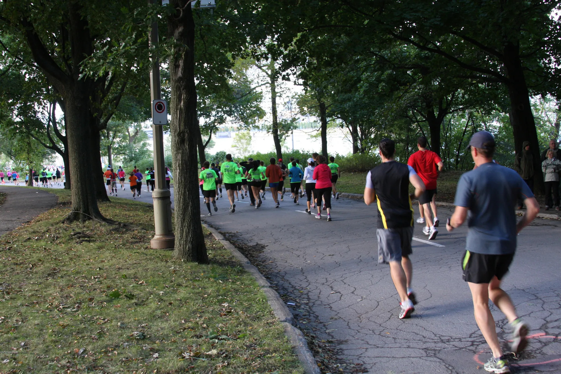 The image depicts a group of people participating in a running event. They are running