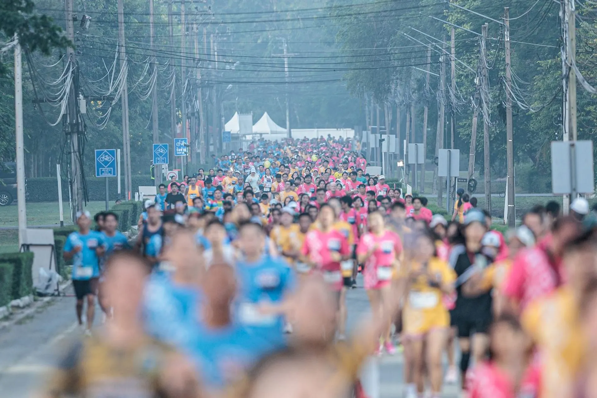 The image shows a large group of people participating in a running event or marathon. They are running along a street lined with trees and electrical poles. The participants are wearing colorful athletic clothing. In the background, there are tents and more participants visible.