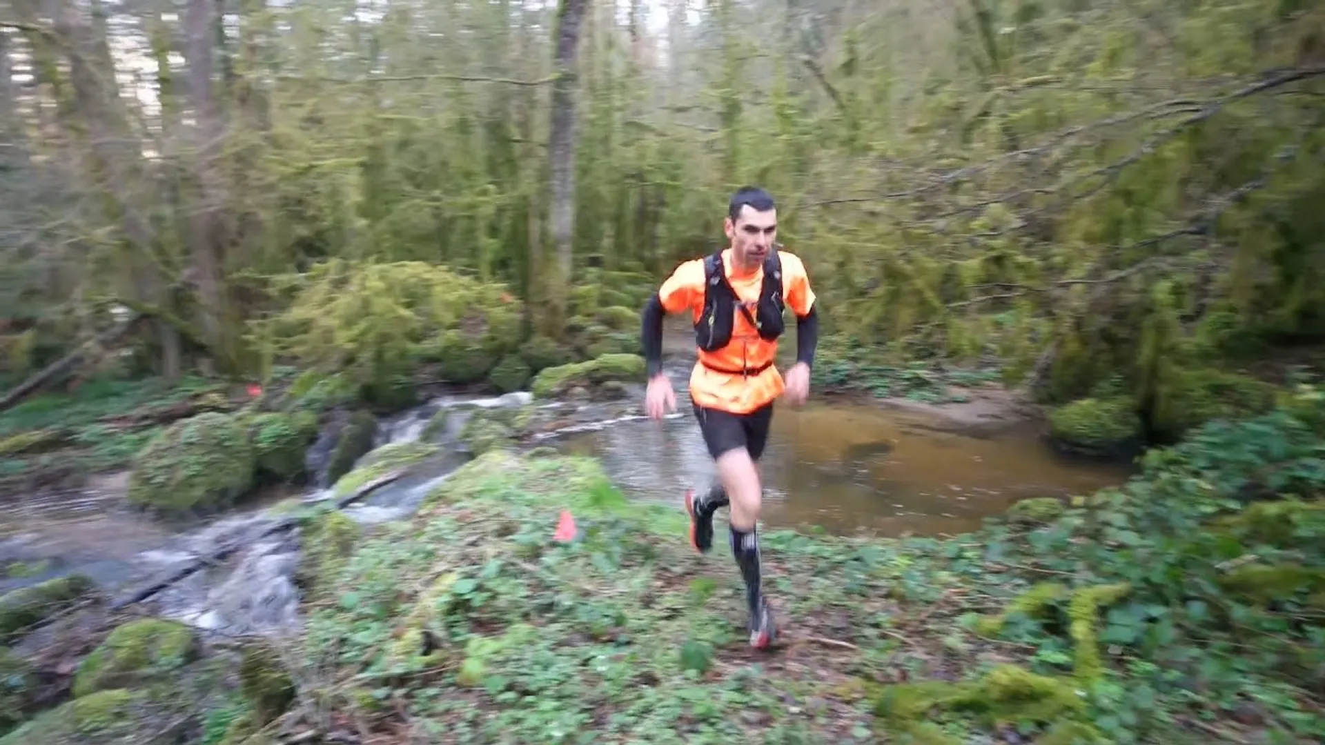 The image shows a person in motion, running through a forested area with his