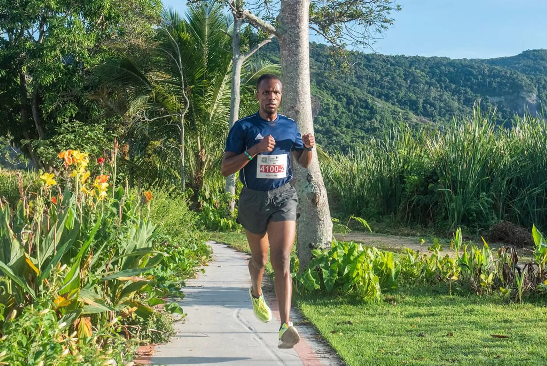 In this image, there's a man running along a path with lush greenery on both sides. He appears to be in the midst of a race or marathon, based on the bib number (51004) pinned to his blue shirt. The environment suggests a tropical or subtropical climate given the types of flora visible. There are flowers with orange blossoms on the left and tall grasses or reeds stretching towards the back. The weather seems fair with clear blue skies, and it's likely daytime due to the ample sunlight.