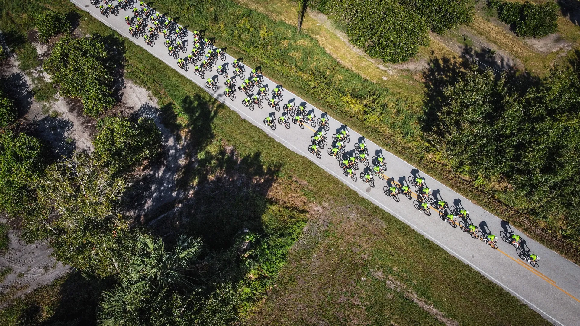 The image shows an aerial or bird's-eye view of a group of cyclists riding