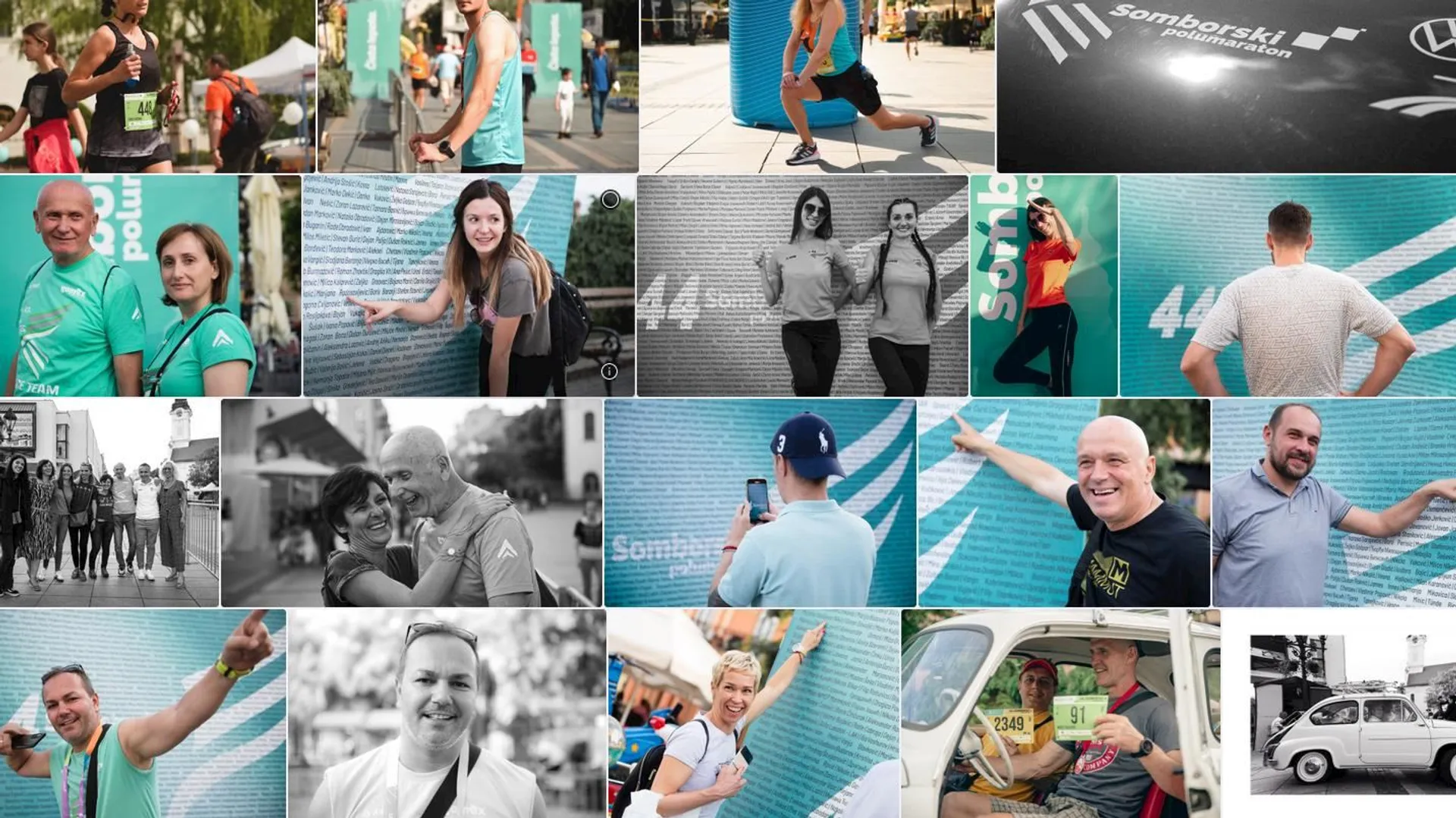 This image is a collage of photos from what appears to be a marathon or running event. It includes participants posing, running, and interacting, alongside event signage and a vehicle with a number plate 389. There's a mix of color and black-and-white photos, showing people in athletic gear, smiling, and engaging with the camera.