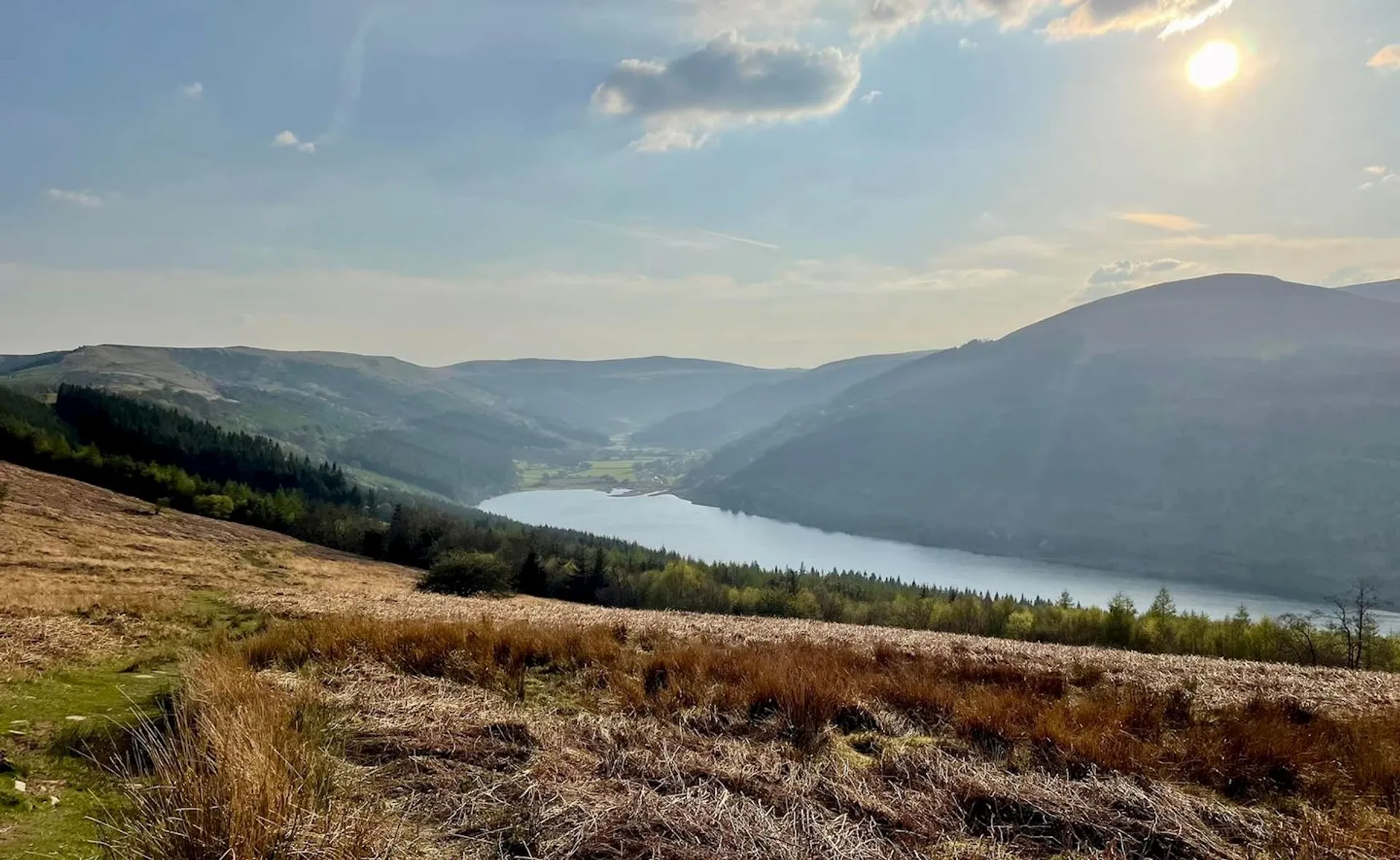 The image presents a scenic landscape view. In the foreground, there's a grass