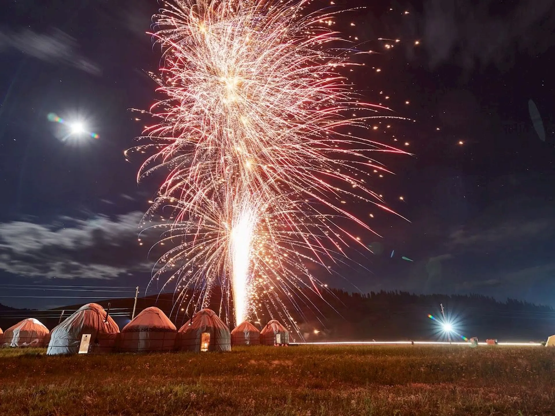 The image shows a vibrant fireworks display bursting in the night sky. In the foreground