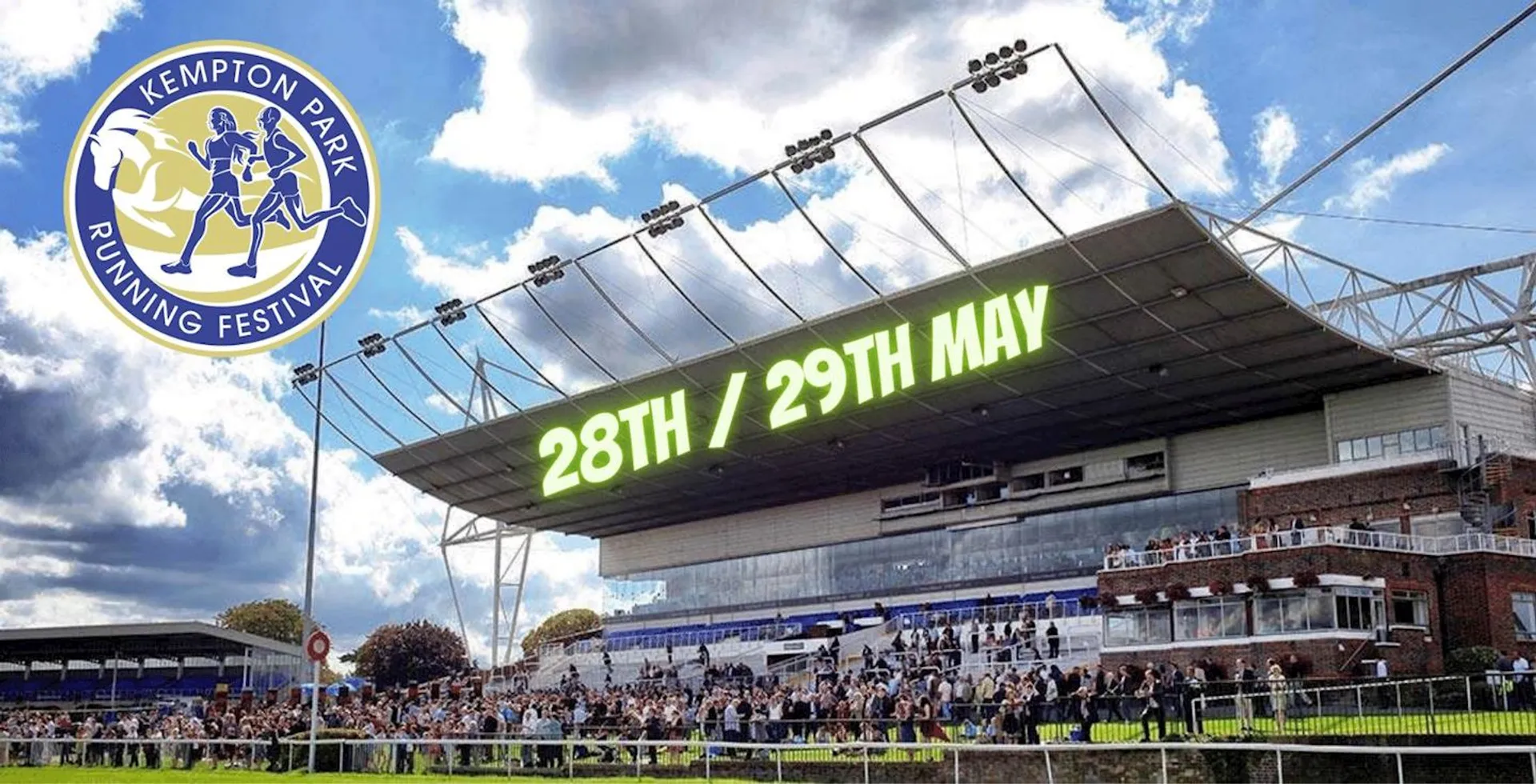 The image shows a large racecourse with spectators and a building with multiple levels.