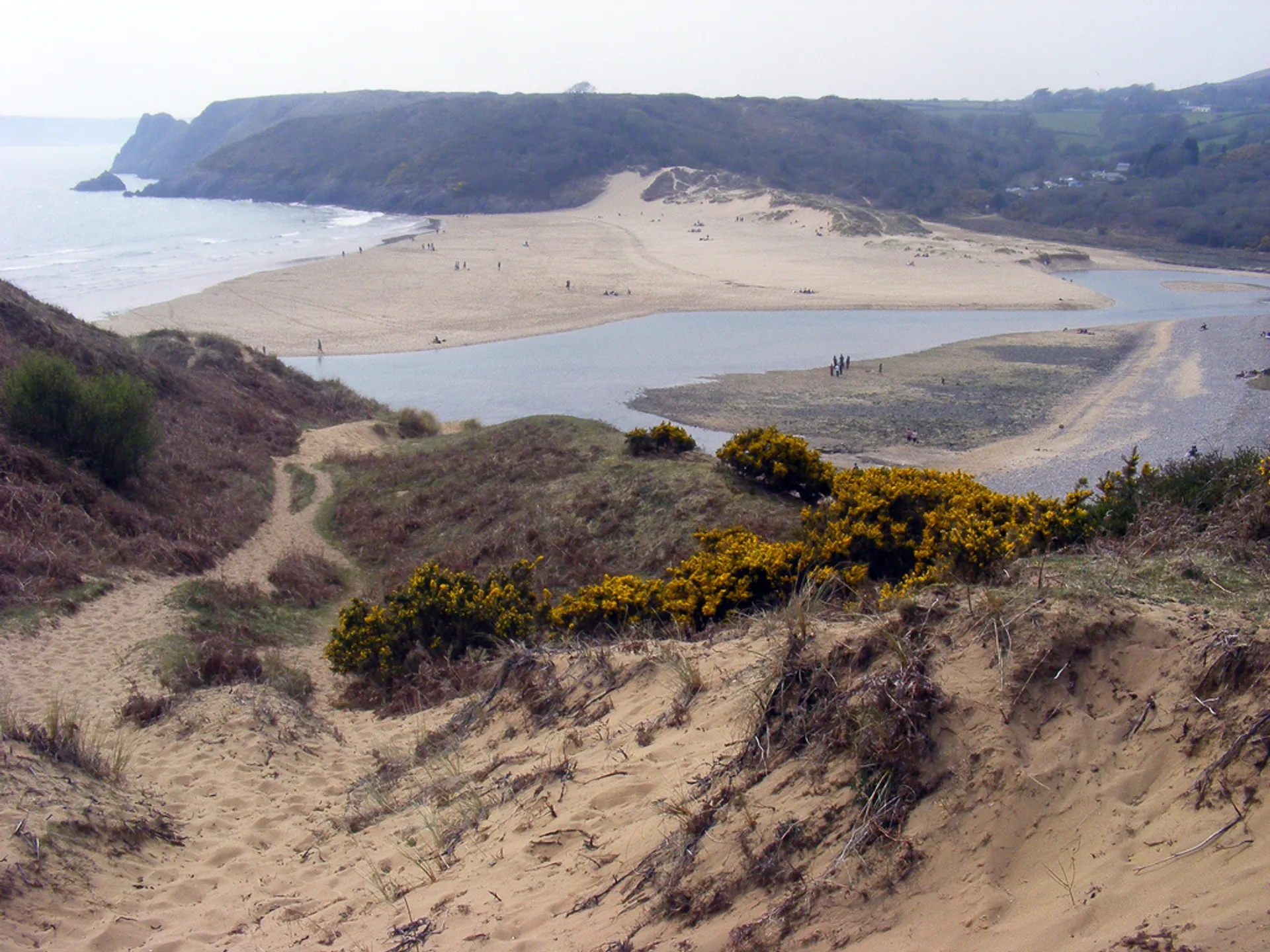 The image shows a sandy coastal landscape, possibly a beach and dune environment.