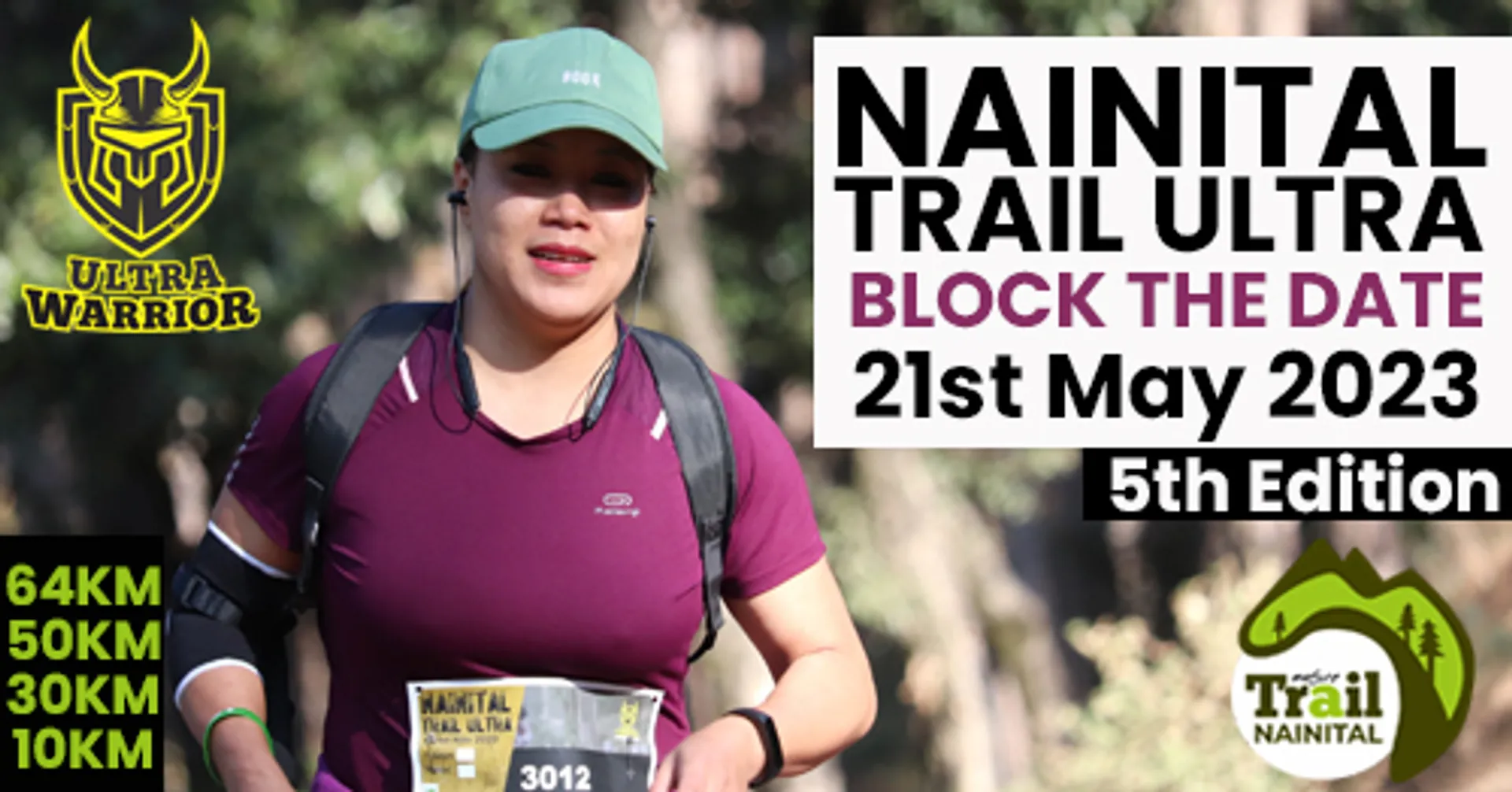 The image features a woman participating in a trail running event. She is wearing a