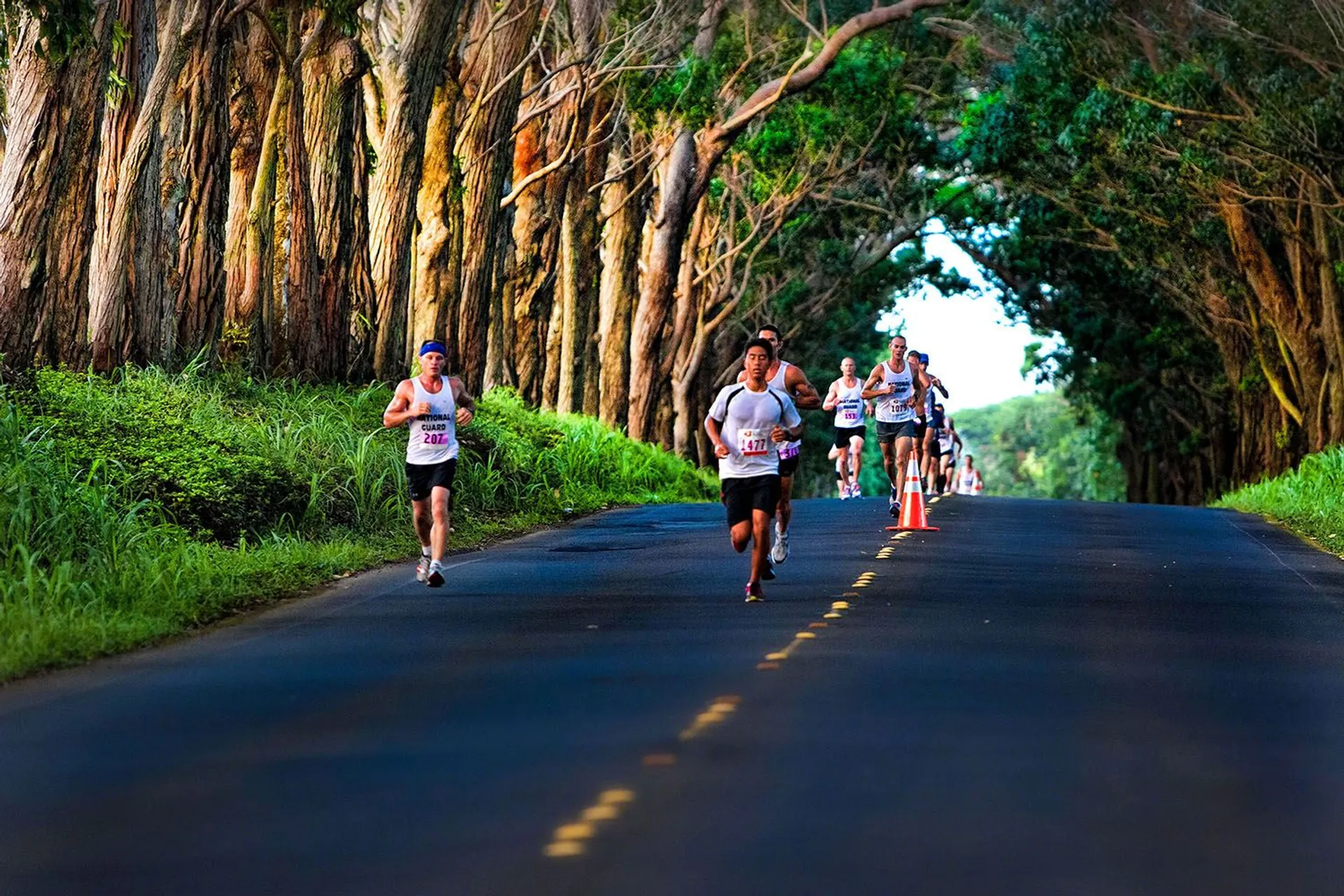The image shows a group of runners participating in a road race. They are running