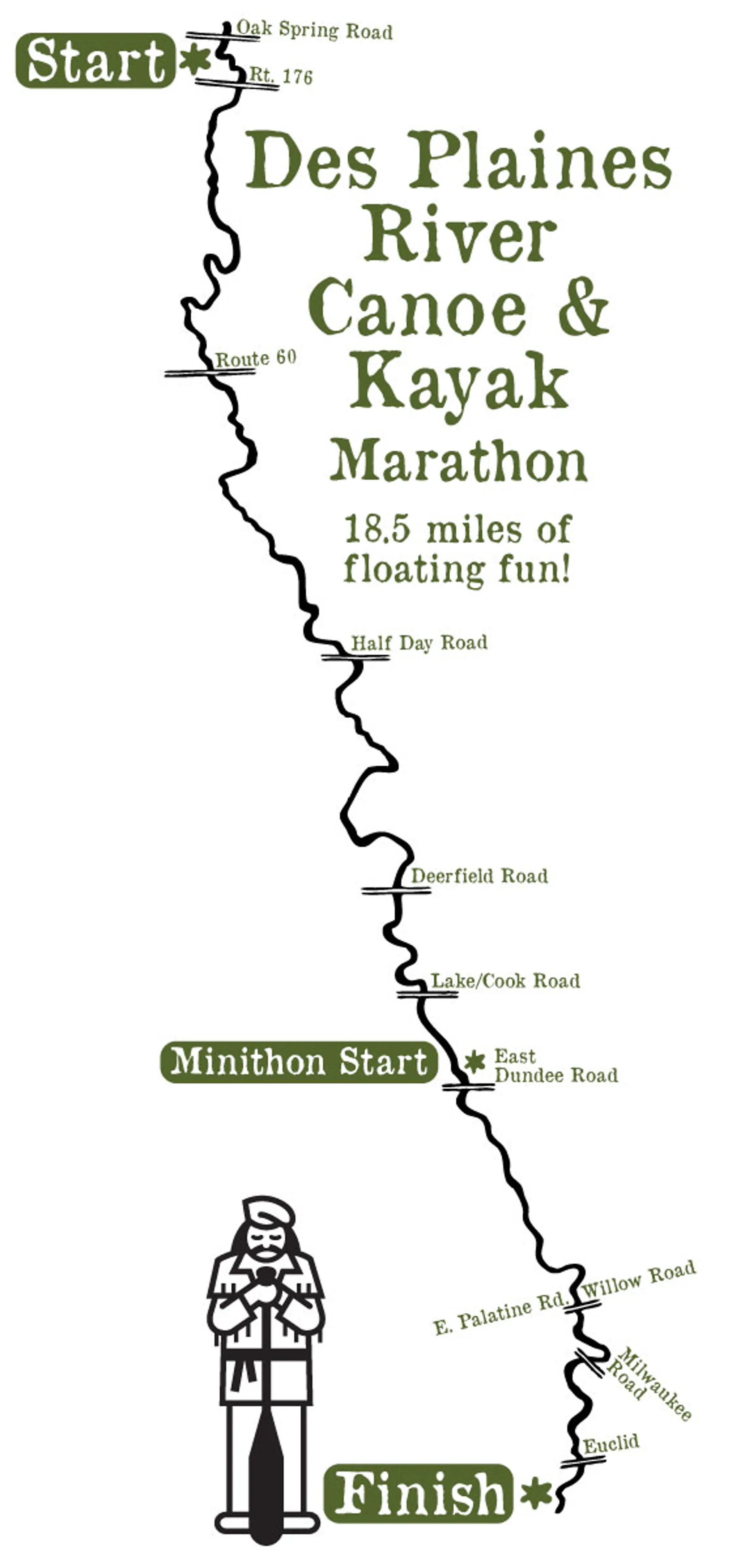 The image features a graphic representation of a route for a canoe and kayak marathon,