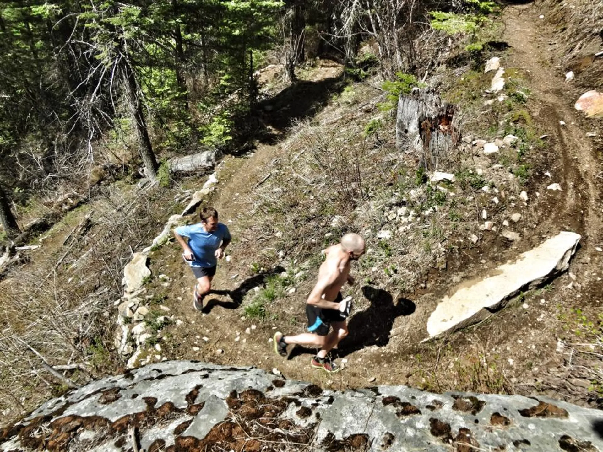 This image shows two people engaged in outdoor trail running. They are running on a