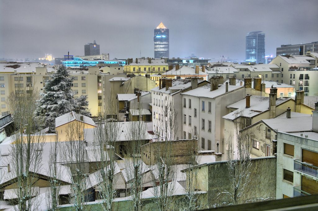 Lyon in the snow by night