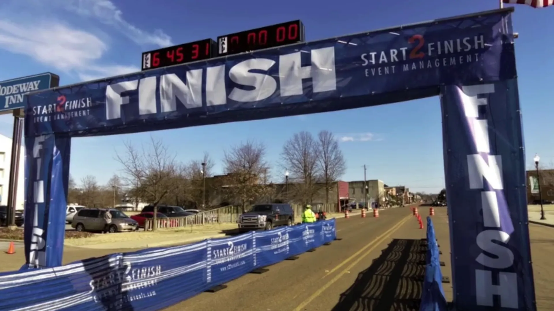 This image shows a finish line setup for a running event or race. There's