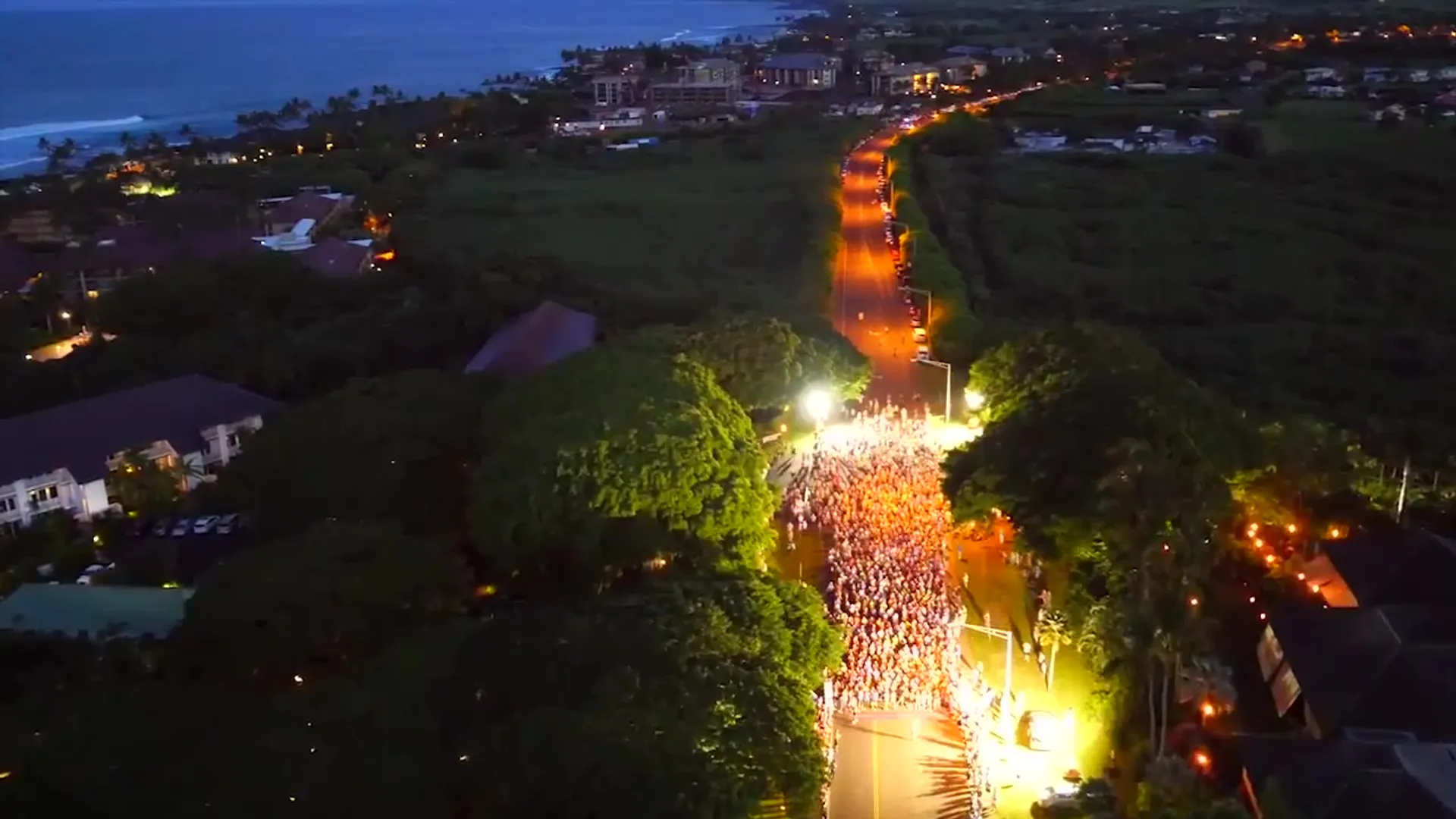 The image shows an aerial view of a large gathering of people on a street at
