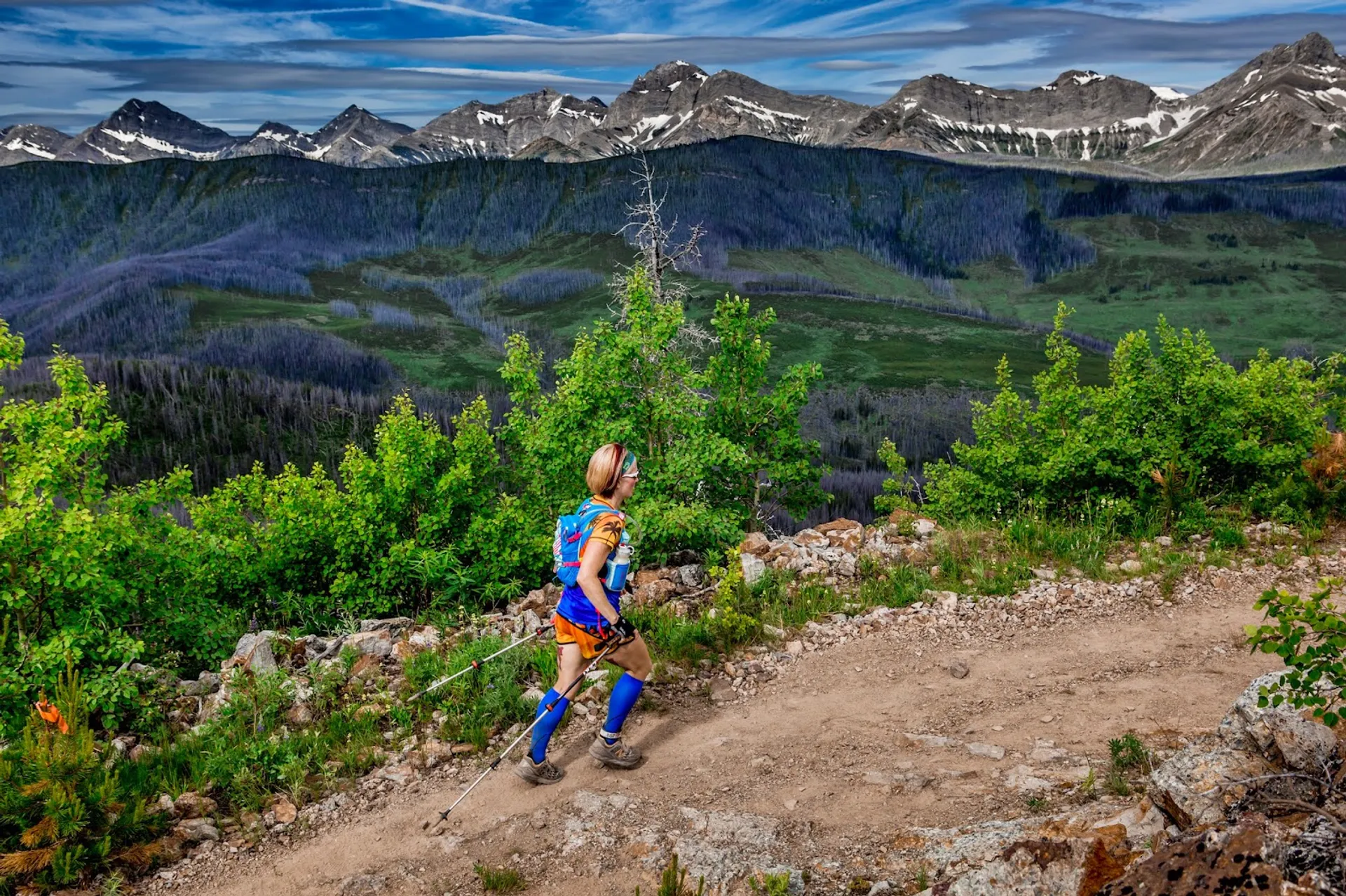 In the image, there is a person hiking on a dirt trail with a pair