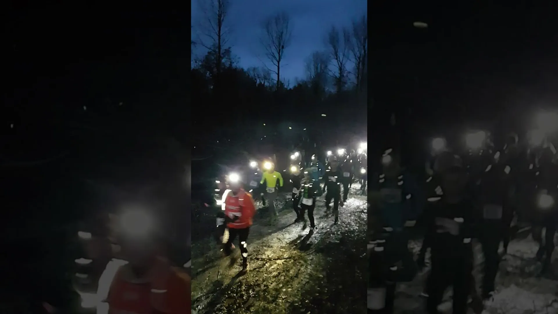 This is a triptych of images showing a nighttime event where people are gathered