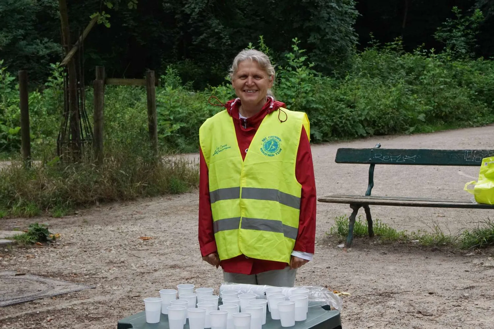 The image shows a person standing outdoors wearing a reflective yellow vest with stripes, indicating