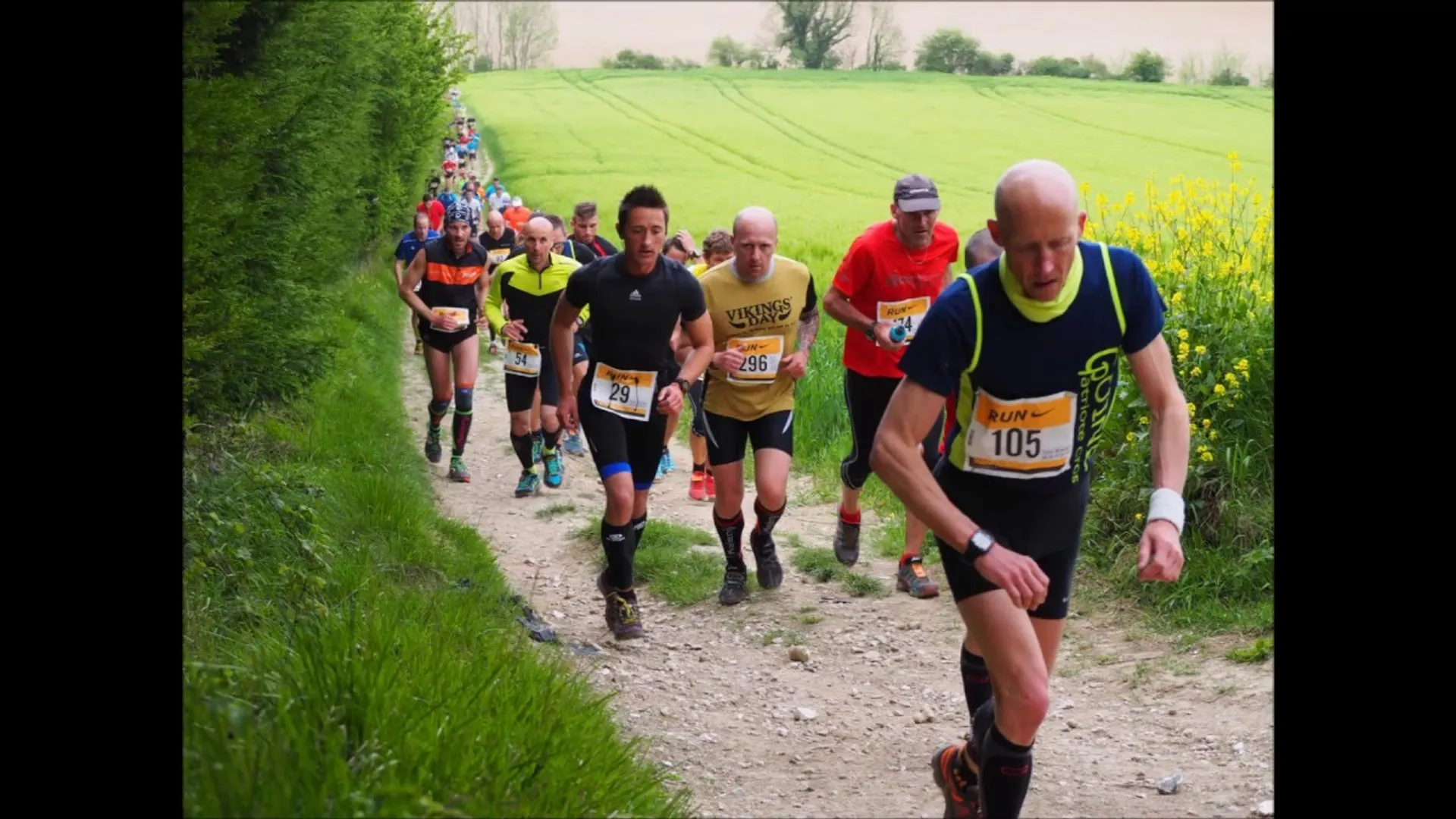 The image shows a group of people participating in a running event or race. They
