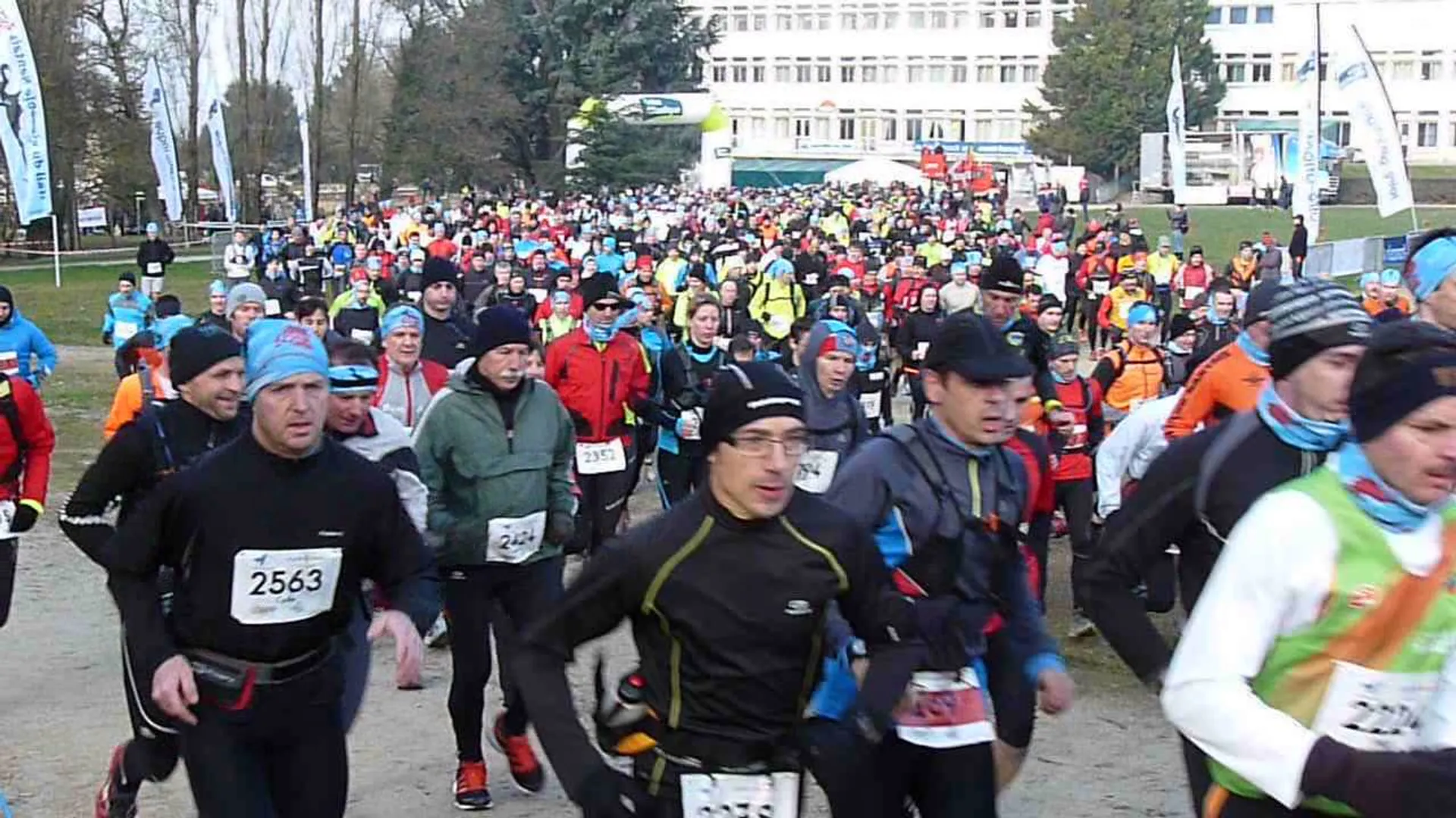 The image depicts a group of runners participating in a race or marathon. They are