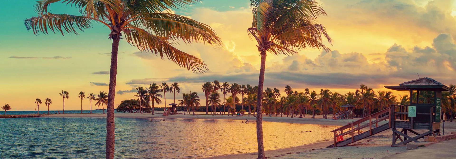 The image shows a picturesque beach scene at sunset. Several palm trees are scattered across