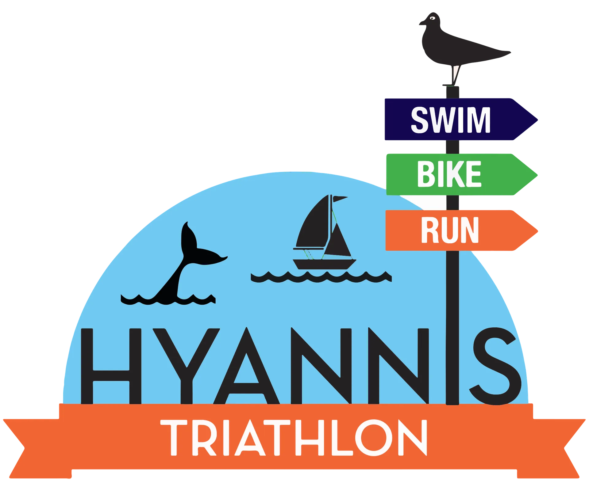 The image is a logo for the Hyannis Triathlon. It features a backdrop of a blue semi-circle containing a whale tail and a sailboat. There's a directional signpost with arrows labeled "Swim" (in blue), "Bike" (in green), and "Run" (in orange). A bird is perched on top of the signpost. The words "Hyannis Triathlon" are displayed, with "Hyannis" in black and "Triathlon" on an orange banner.