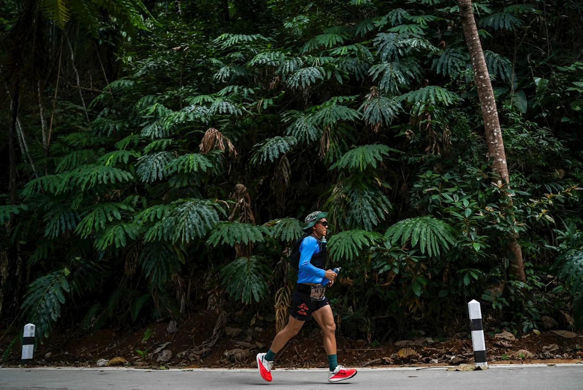 The image shows a person running along a road in a lush, green forested area. The runner is wearing athletic clothing, including a hat, sunglasses, a blue shirt, black shorts, and red running shoes. Dense foliage and tall trees are visible in the background.