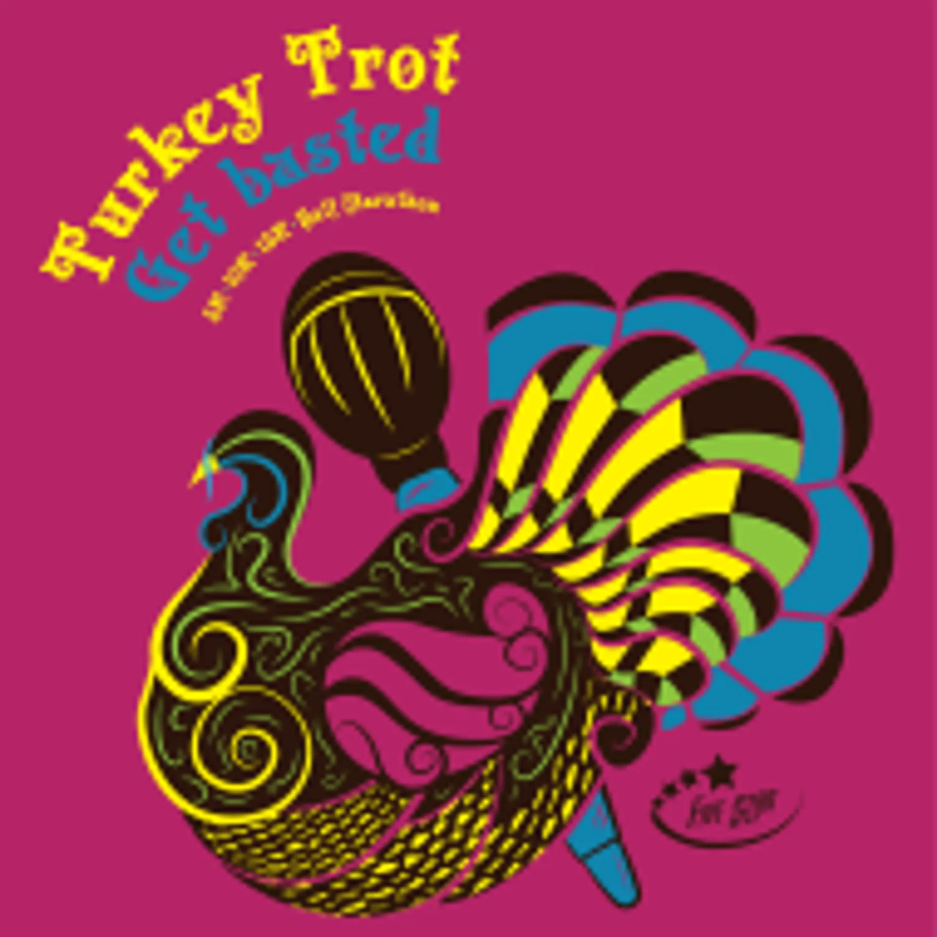 The image contains a stylized graphic of a turkey with a decorative and colorful pattern