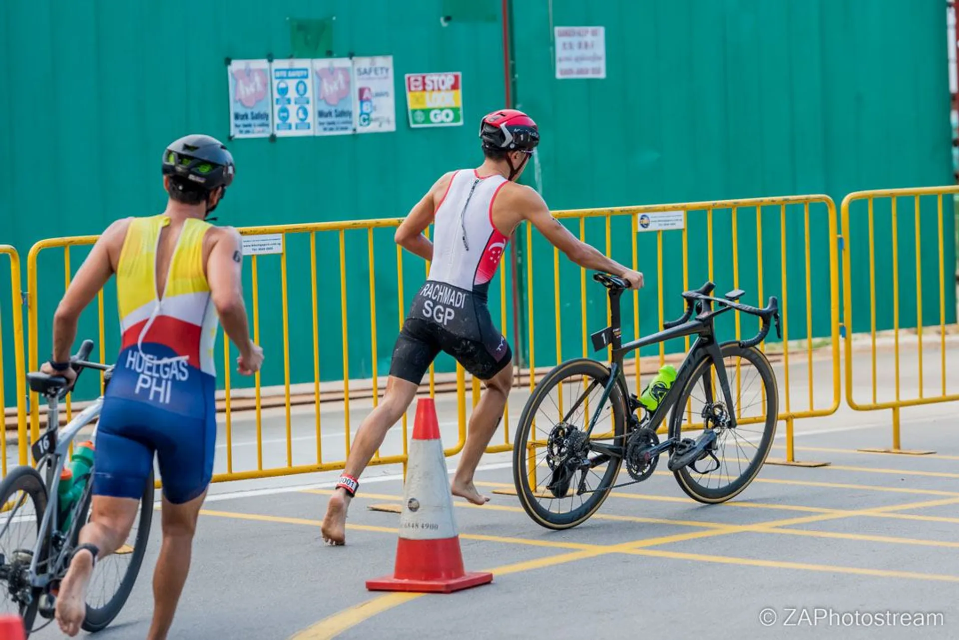 The image depicts an outdoor sporting event, specifically what appears to be a triathlon
