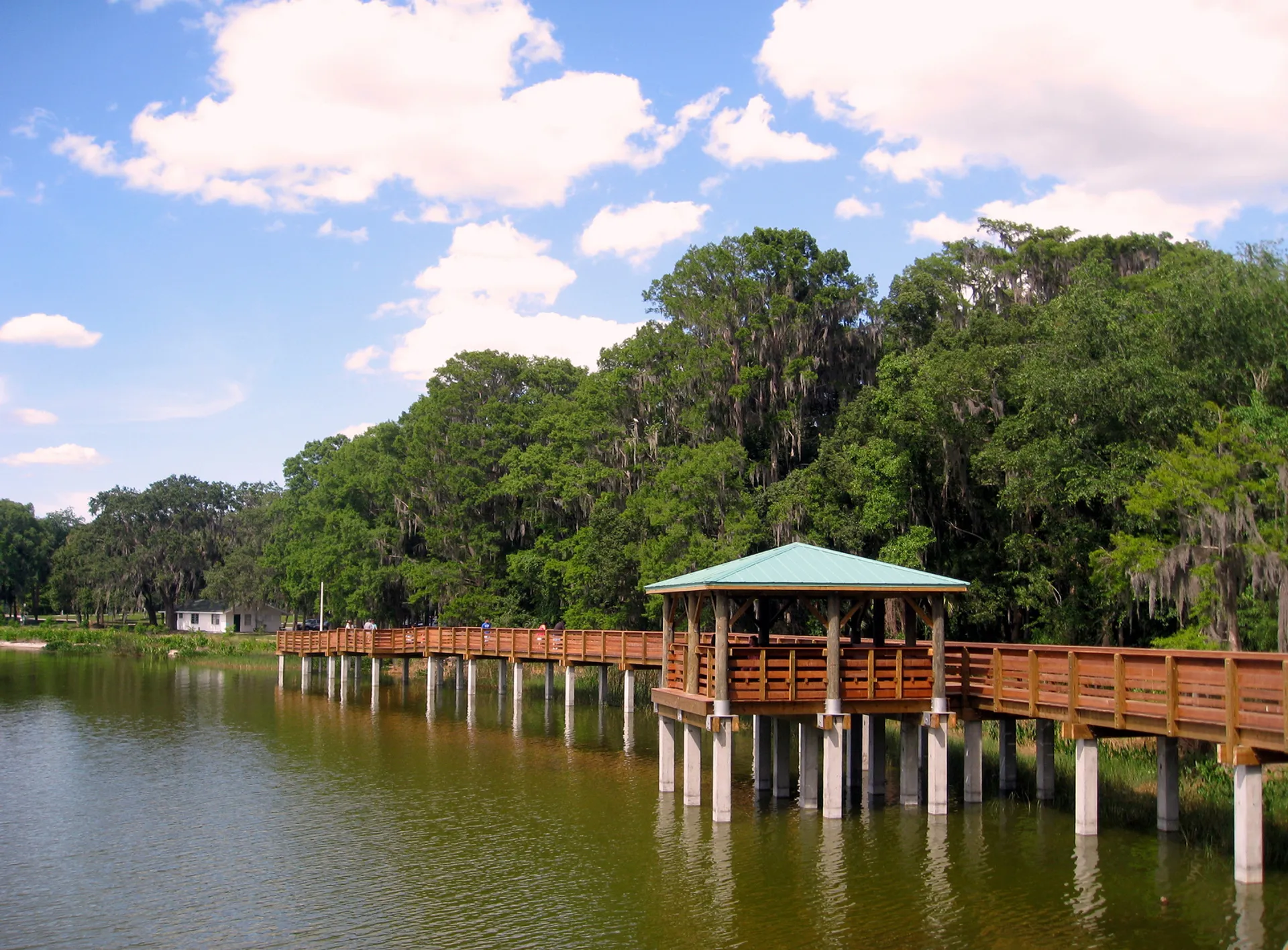 This image shows a wooden pier or boardwalk extending over a body of water,