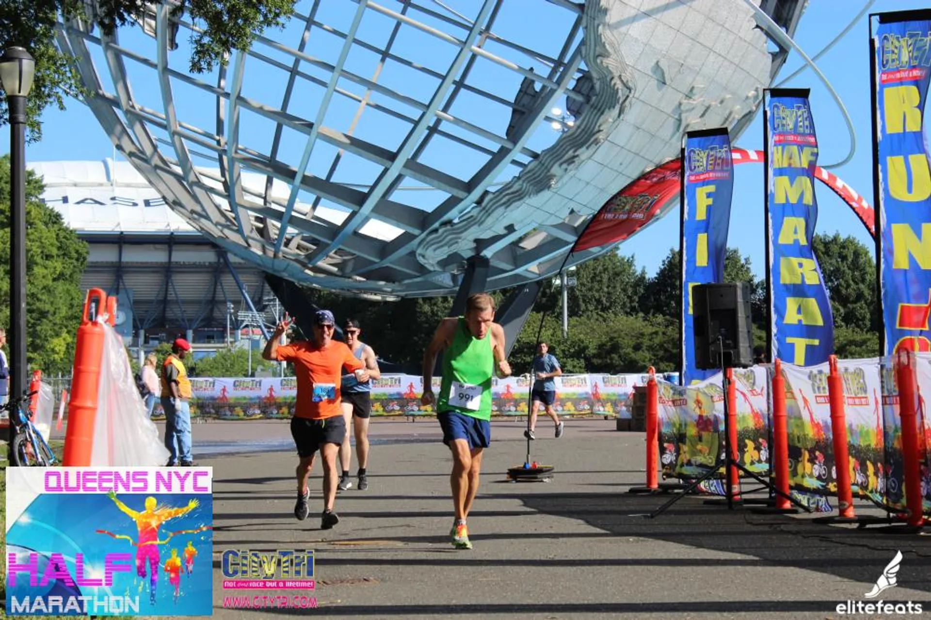 The image shows a running event, specifically a half marathon in Queens, NYC.