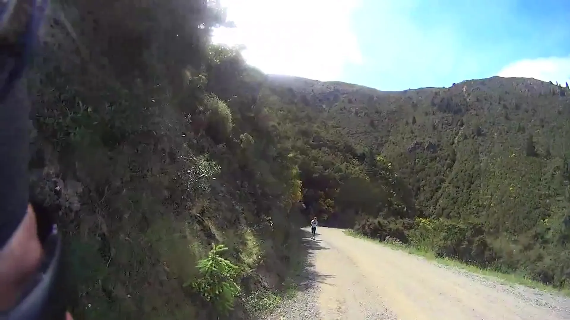The image shows a dirt road surrounded by lush greenery, likely in a mountain