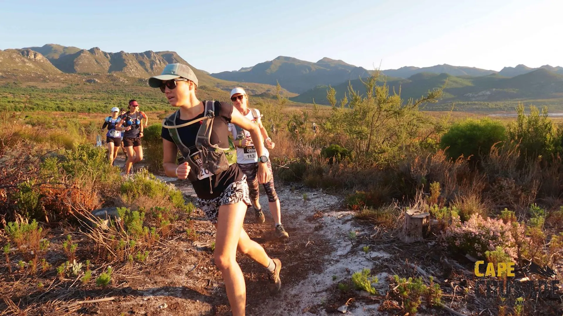 In this image, there is a group of runners on a trail surrounded by natural