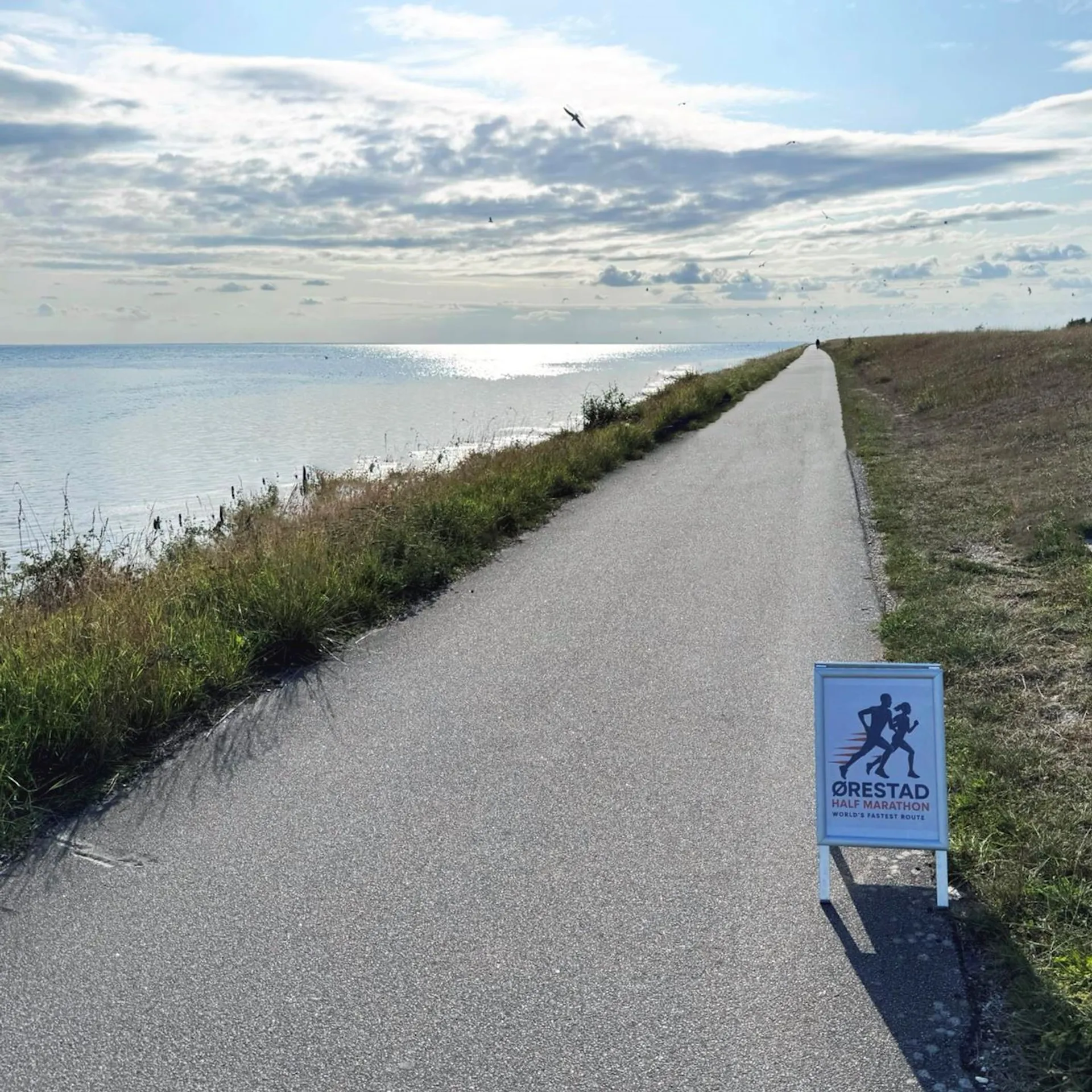 The image shows a paved pathway by the water. On the left is a body of water reflecting the sky, and on the right is grassy land. There's a signboard beside the path with a logo and the words "Ørestad Løb & Motions Klub." The sky is partially cloudy.
