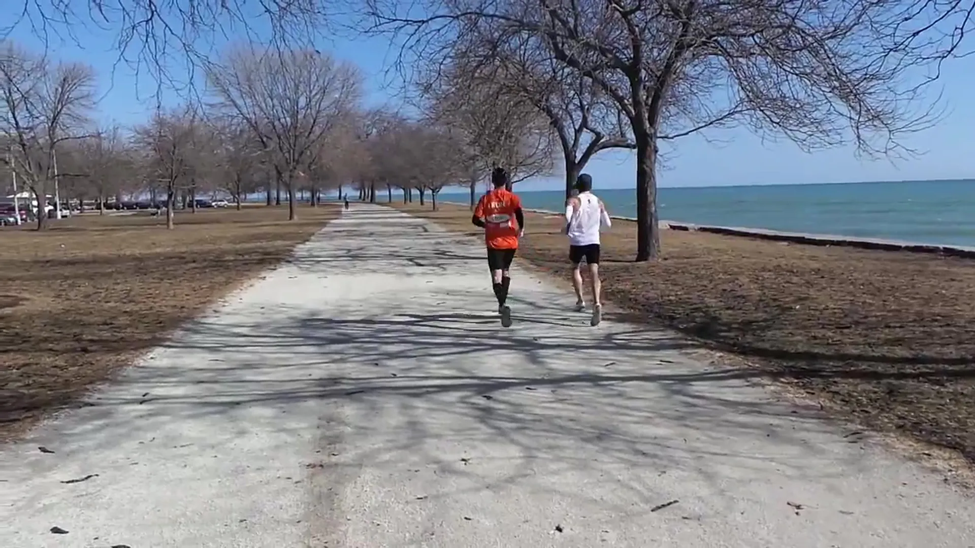 The image shows two people jogging on a pathway located in a park. The park