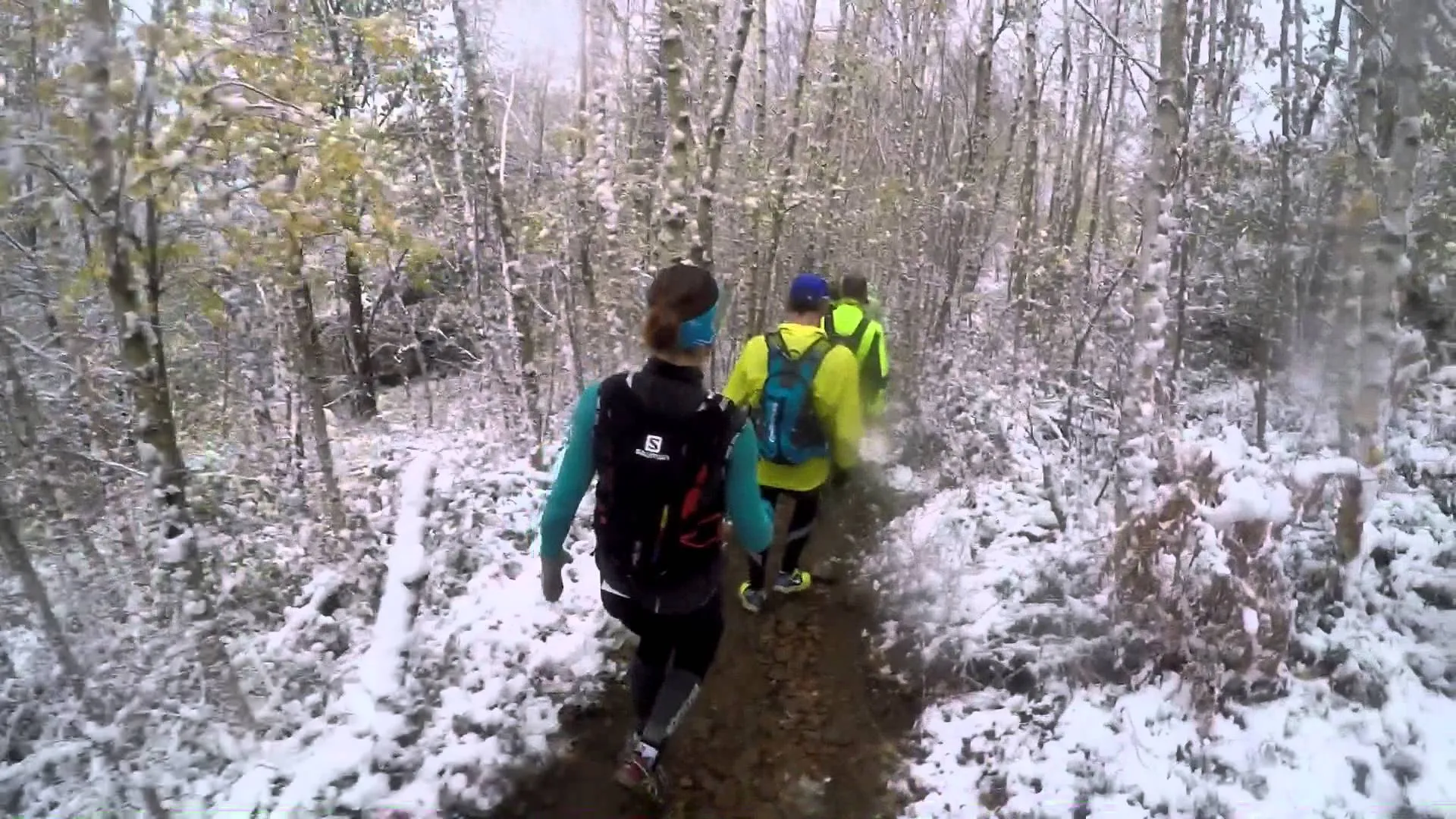 The image shows a group of people trail running through a snowy forest. The person
