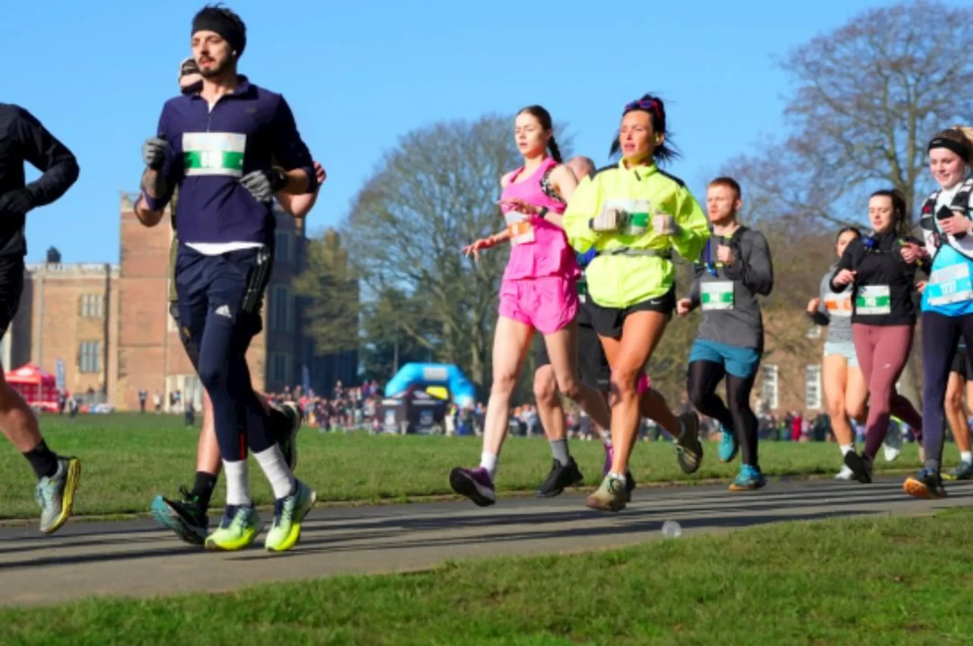 The image shows a group of people participating in a running event, possibly a marathon or a race. They appear to be running on a grassy path with trees and a clear blue sky in the background. Some runners are wearing race bibs, which suggests it's an organized event. The runners are dressed in athletic gear appropriate for jogging or running, and they all have their own unique styles and colors of clothing. The scene also suggests a festive or competitive atmosphere and hints at good weather conditions for the event.