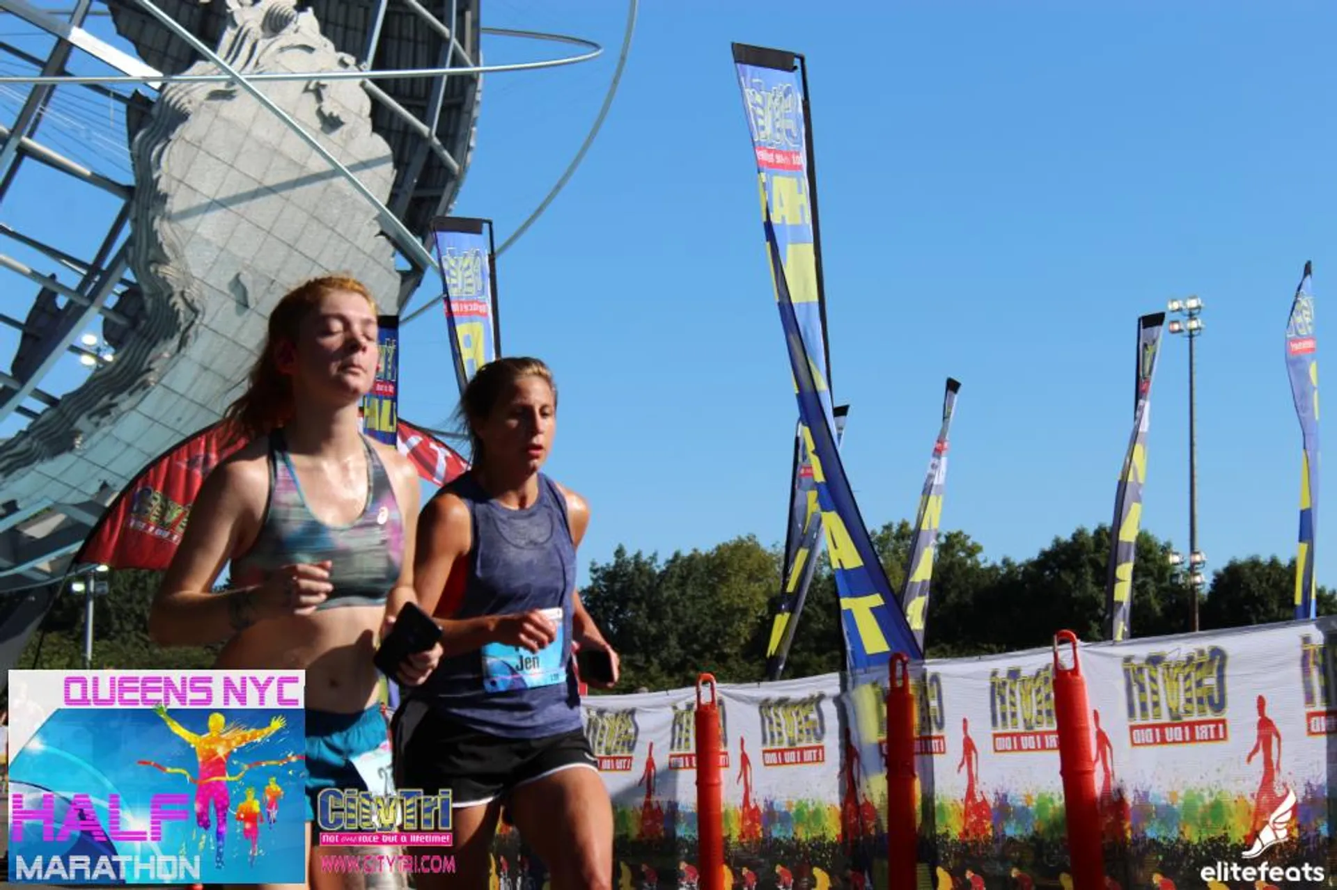 The image shows two individuals participating in a running event, specifically the Queens NYC Half