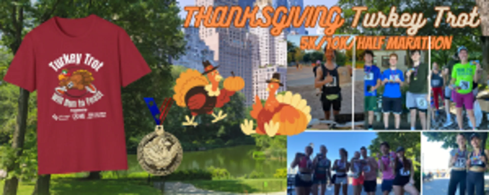 The image depicts several items and scenes related to a Thanksgiving-themed running event called a "Turkey Trot." From left to right, the image shows:

1. A red T-shirt with a graphic of a running turkey and the words "Turkey Trot" depicted on it, signifying event-themed merchandise.
2. A close-up of a medal with the event's name and a turkey design, likely awarded to participants or finishers of the race.
3. The word "THANKSGIVING" is prominently displayed in bold, decorative font, followed by "Turkey Trot" written underneath, which is likely the name of the race event.
4. Two images showcasing participants in the race. In the leftmost photo, runners are actively engaged in the run,