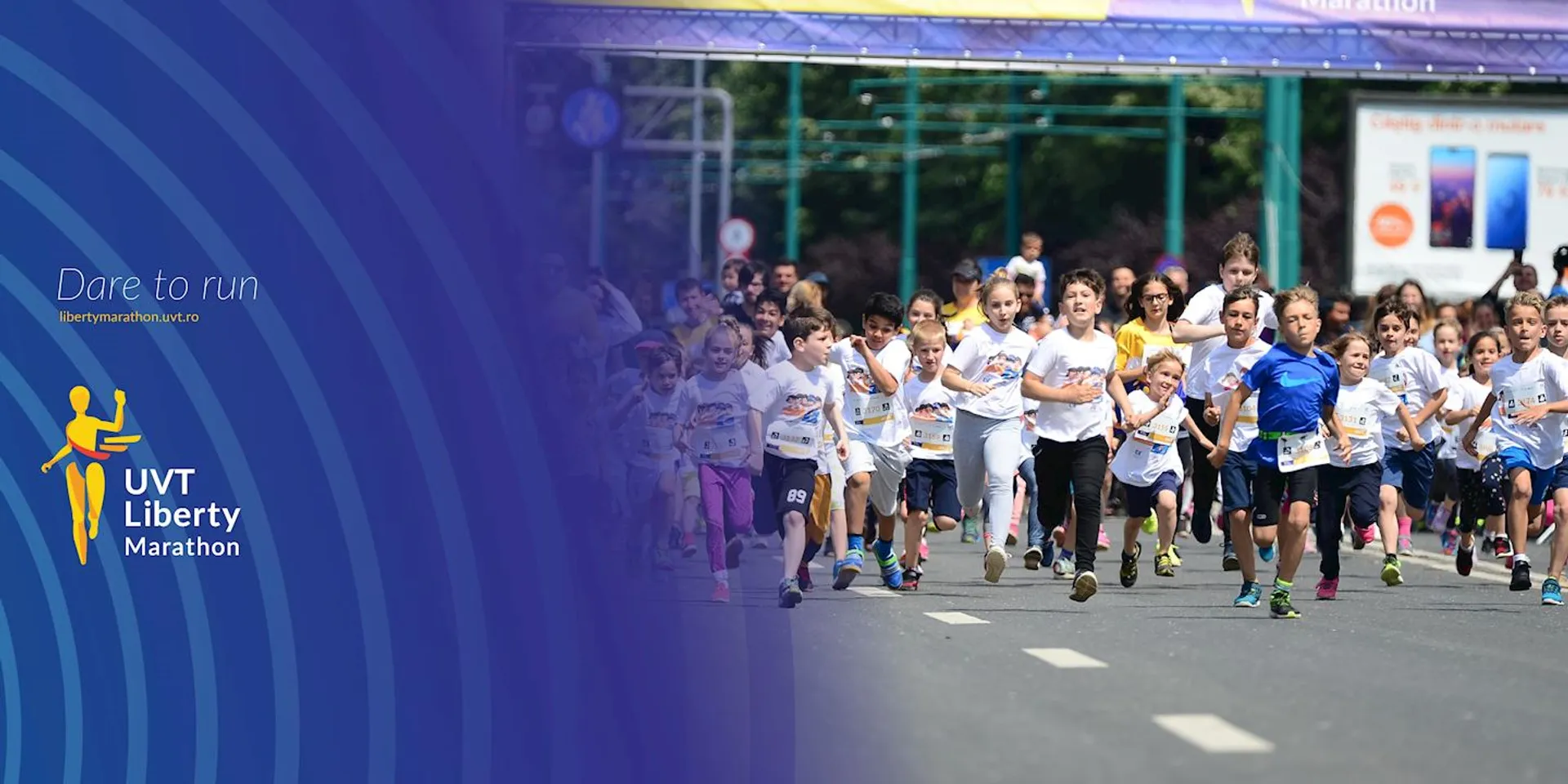 The image shows a group of runners, predominantly children, participating in a running event