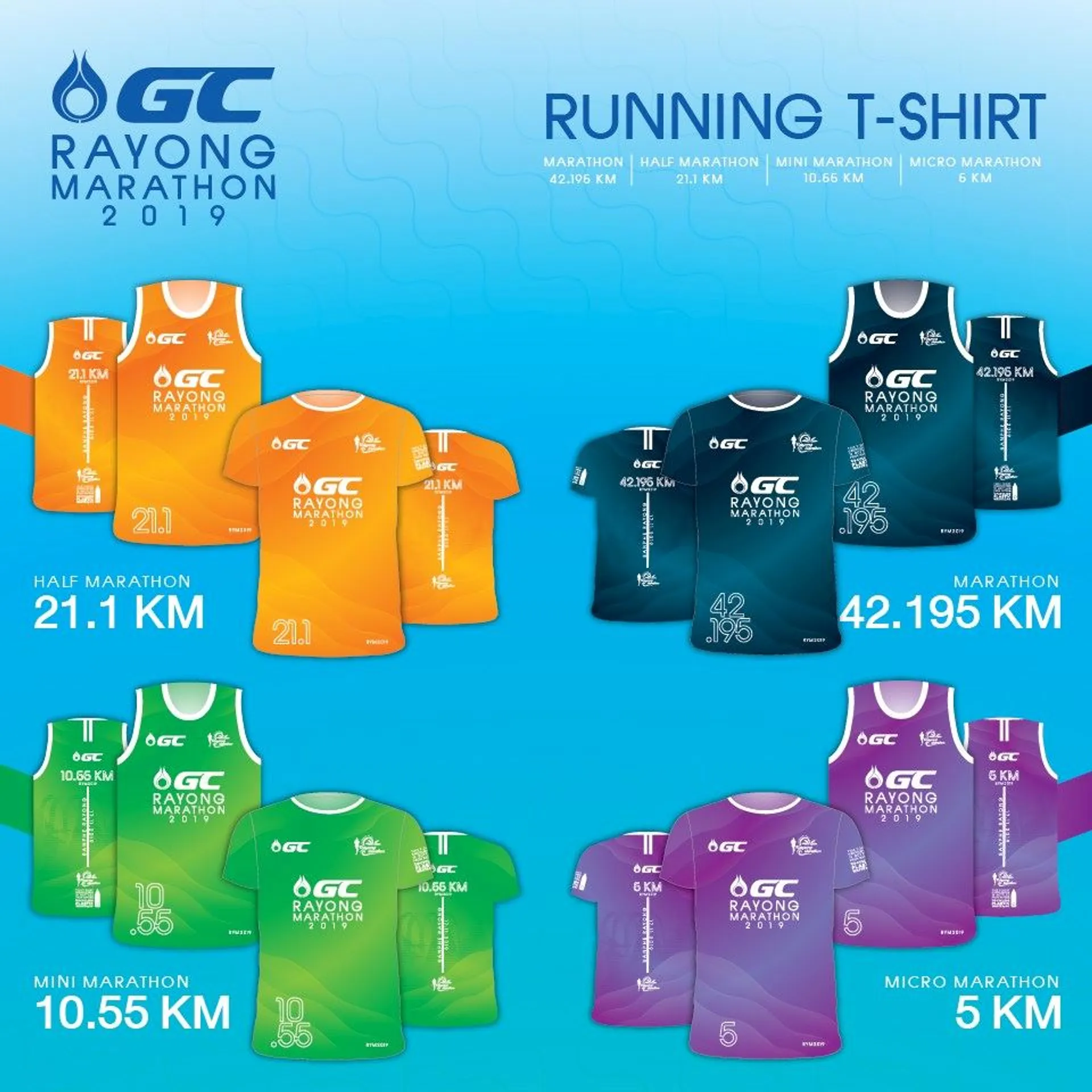The image displays a collection of athletic running T-shirts designed for a running event called
