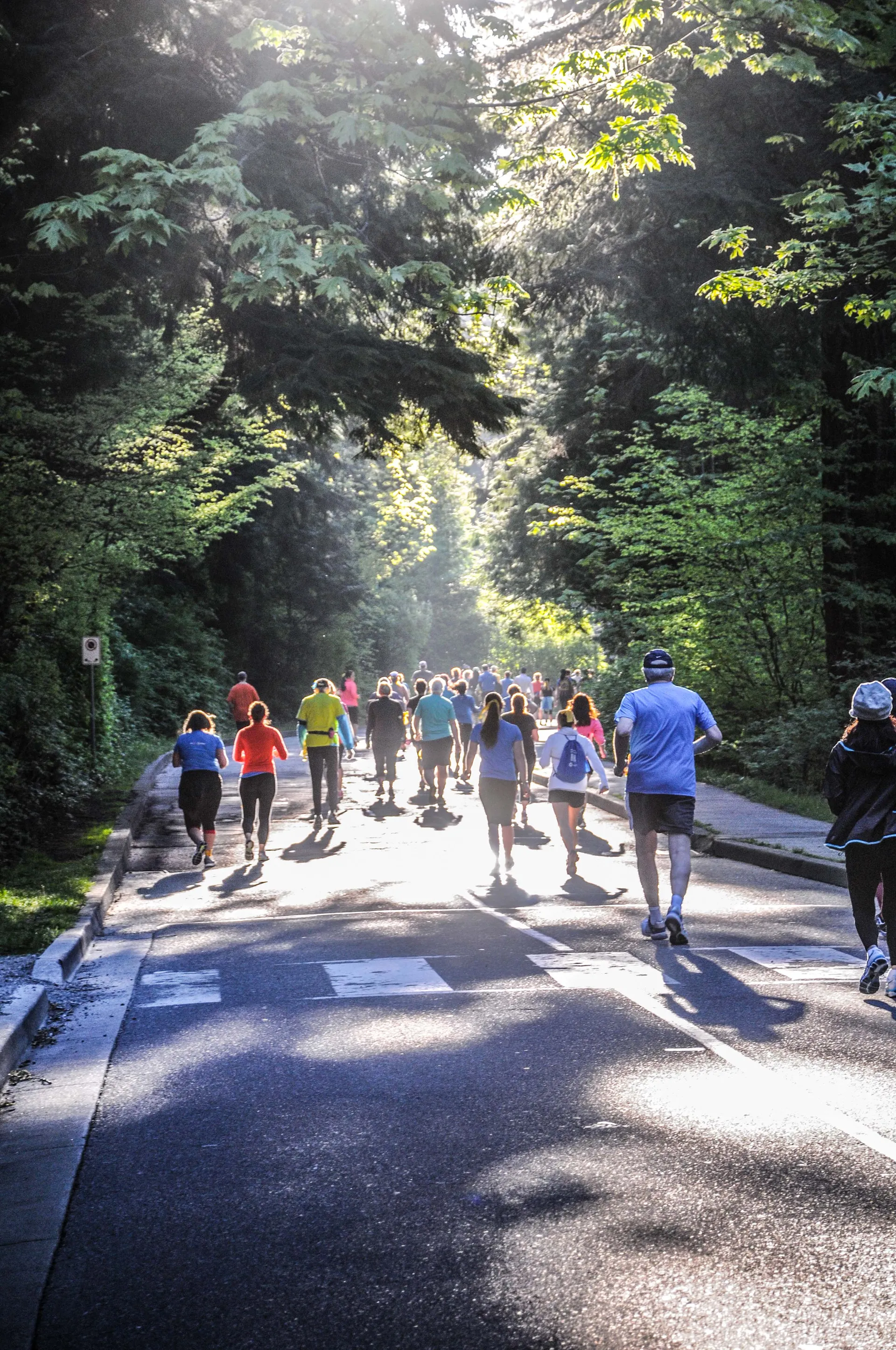 The image depicts a group of people participating in a running event. They are running