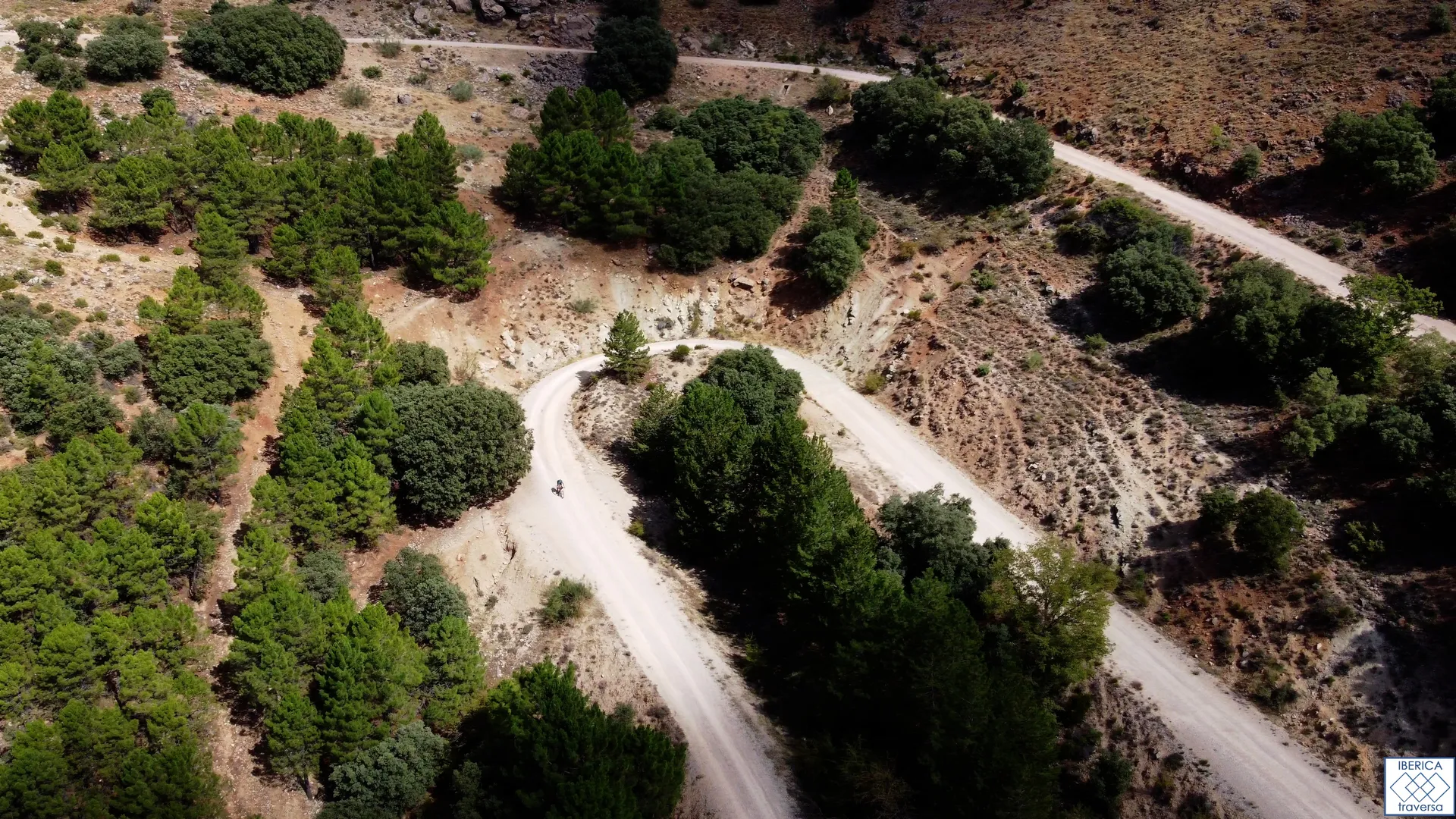 The image shows an aerial view of a winding dirt road cutting through a wooded area