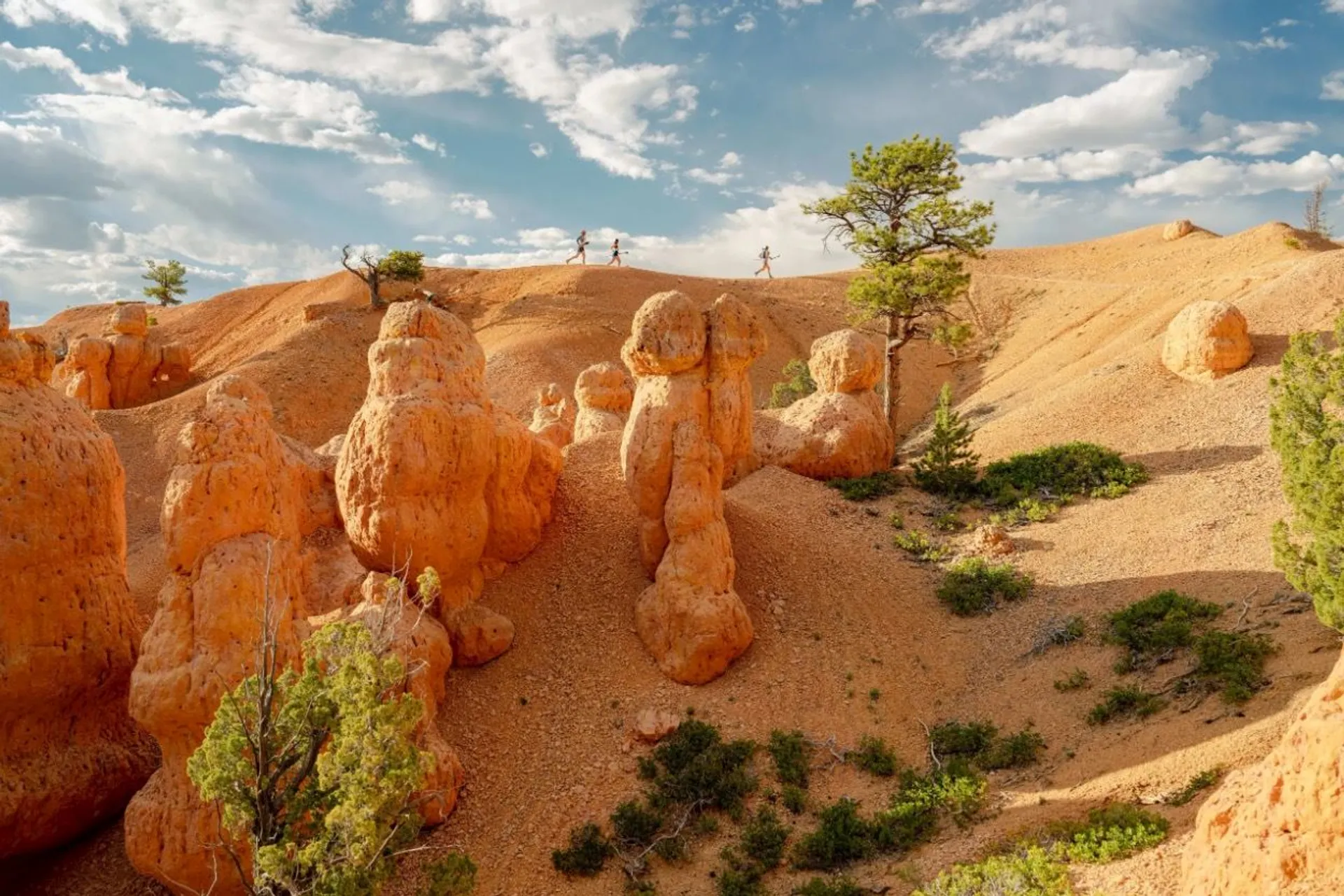 The image shows a desert landscape with distinctive red rock formations and a few sparse trees. There are people in the distance walking along the top of a ridge. The sky is blue with some clouds, creating a picturesque scene.
