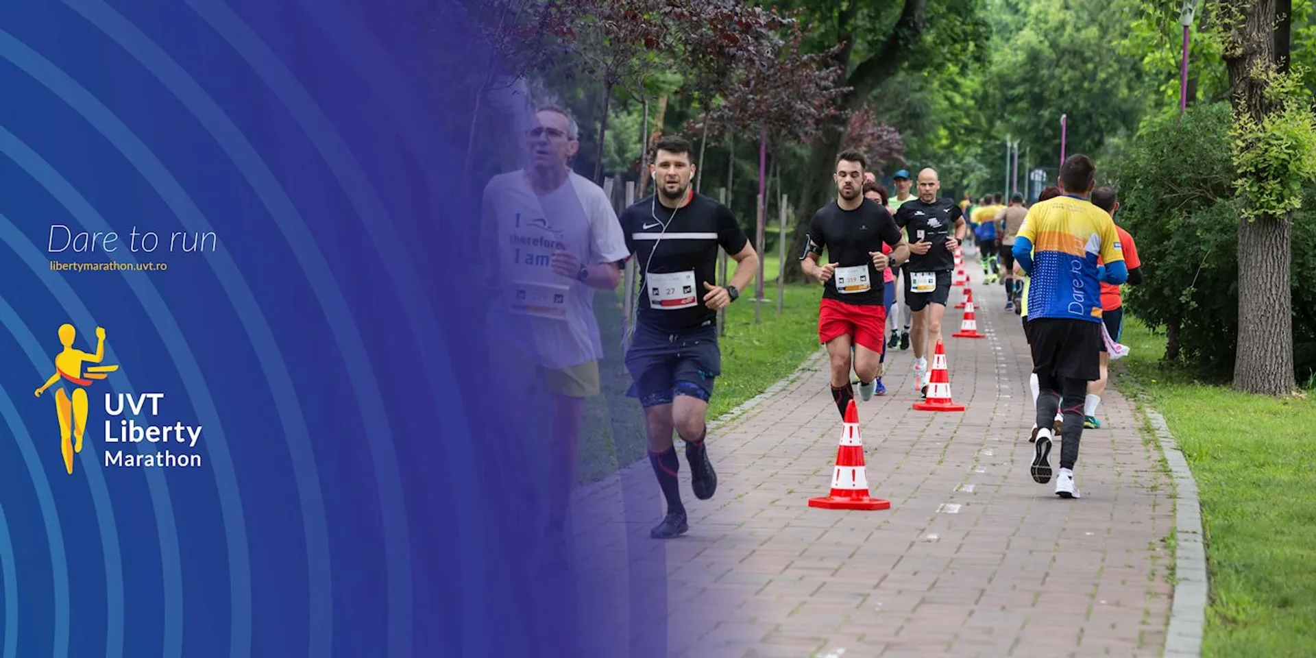 The image shows a group of individuals participating in a marathon or running event, as