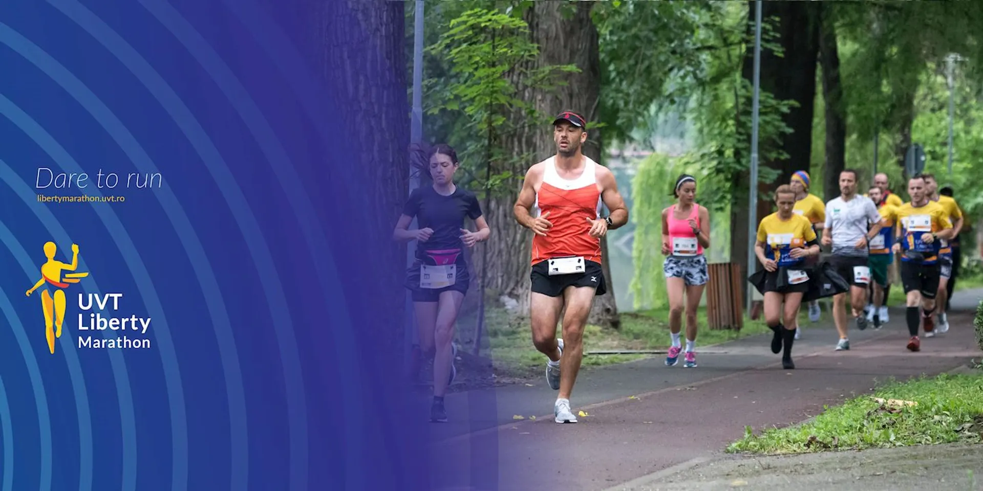 The image shows a group of people participating in a running event, likely a marathon